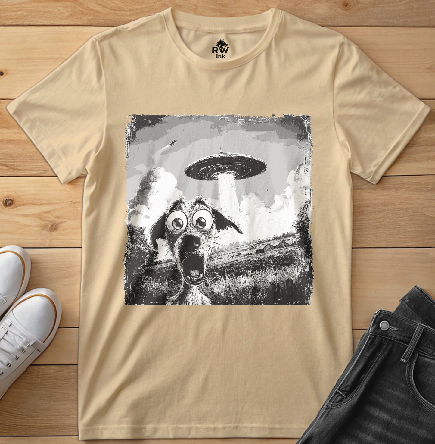 UFO Dog Abduction T-Shirt – Funny Alien Encounter Tee – Bella+Canvas 3001 Unisex