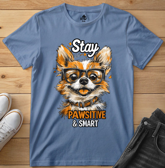 Stay Pawsitive & Smart – Funny Dog Glasses T-Shirt – Bella+Canvas 3001 Unisex Tee