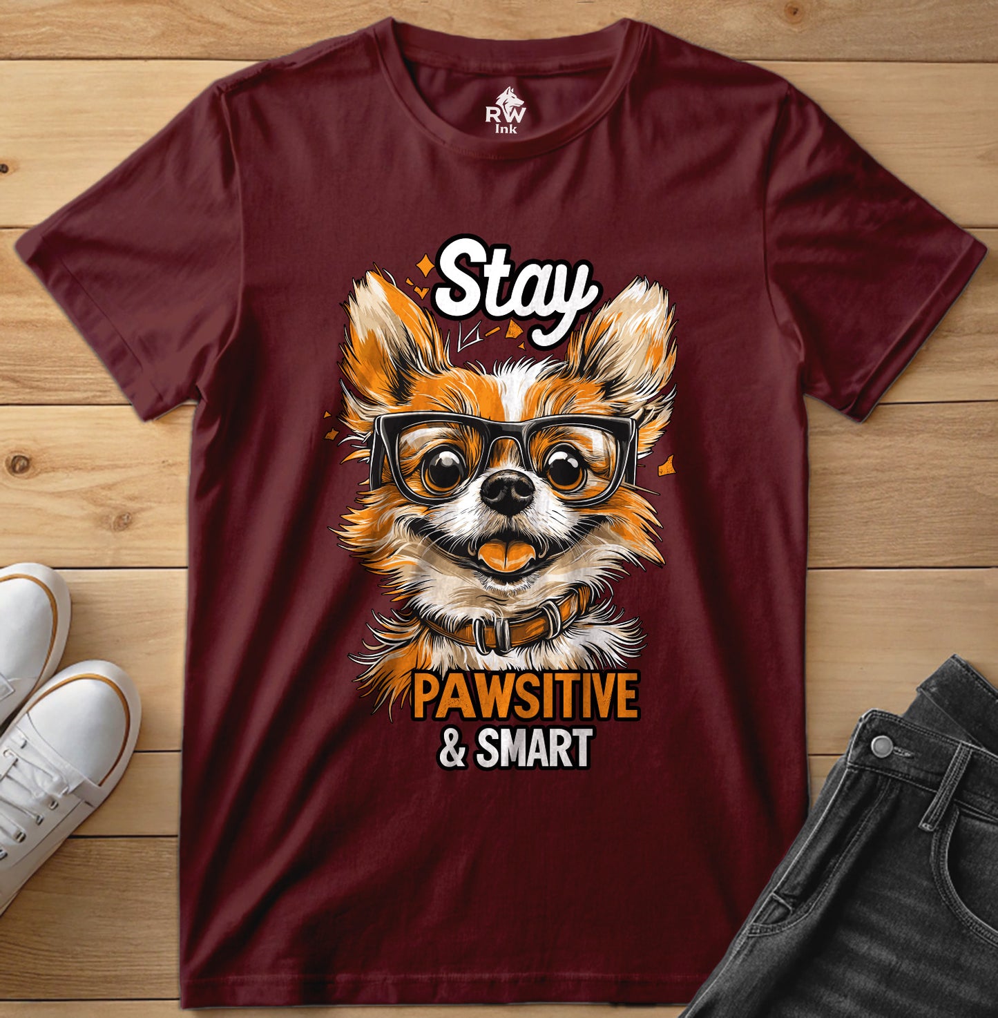 Stay Pawsitive & Smart – Funny Dog Glasses T-Shirt – Bella+Canvas 3001 Unisex Tee