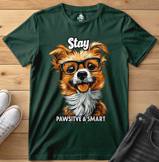 Stay Pawsitive & Smart – Cute Dog T-Shirt with Glasses | Funny Animal Lover Tee | Bella+Canvas 3001