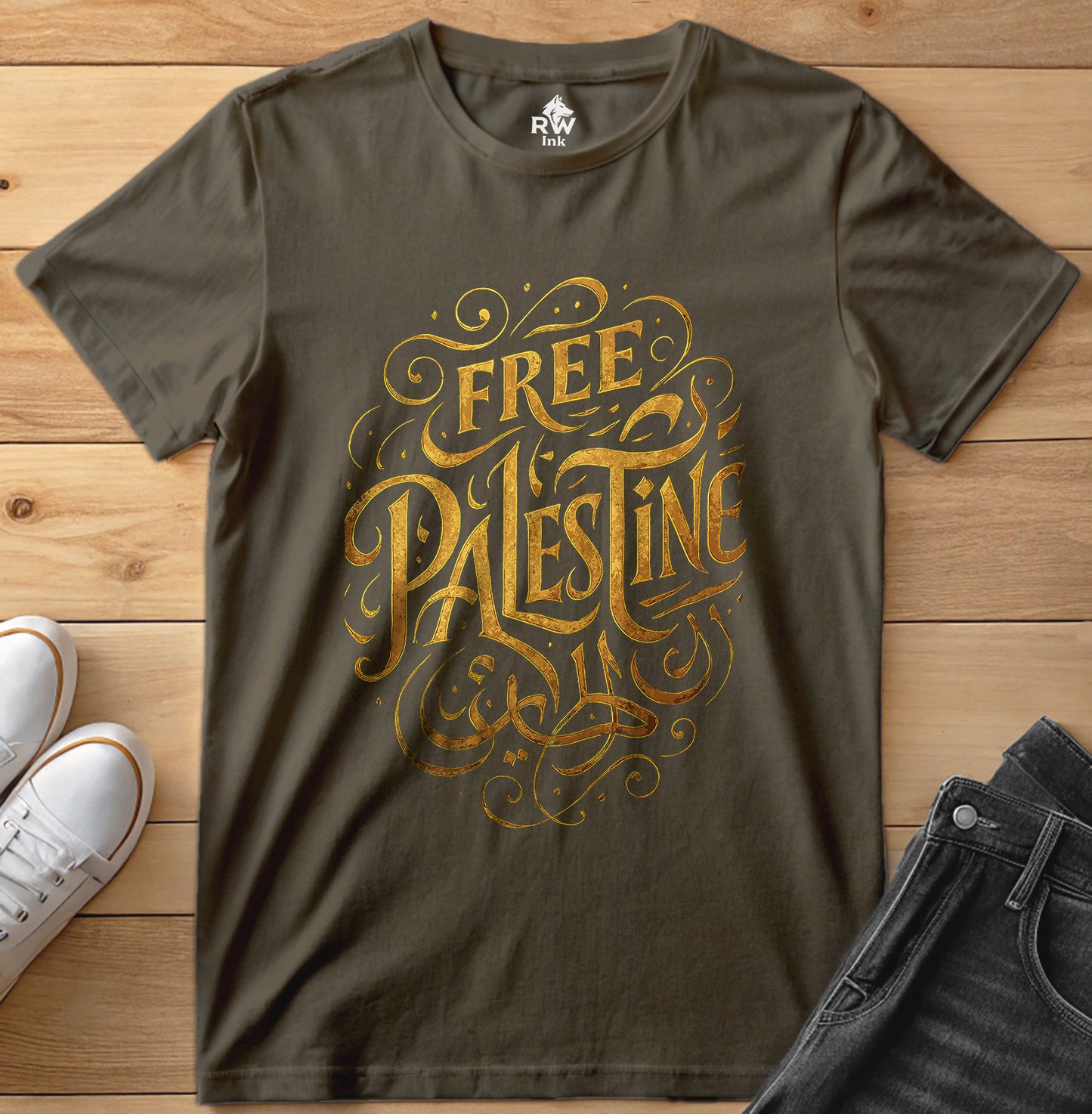 Free Palestine – Calligraphy Gold Tee | Bella+Canvas 3001 Unisex T-Shirt