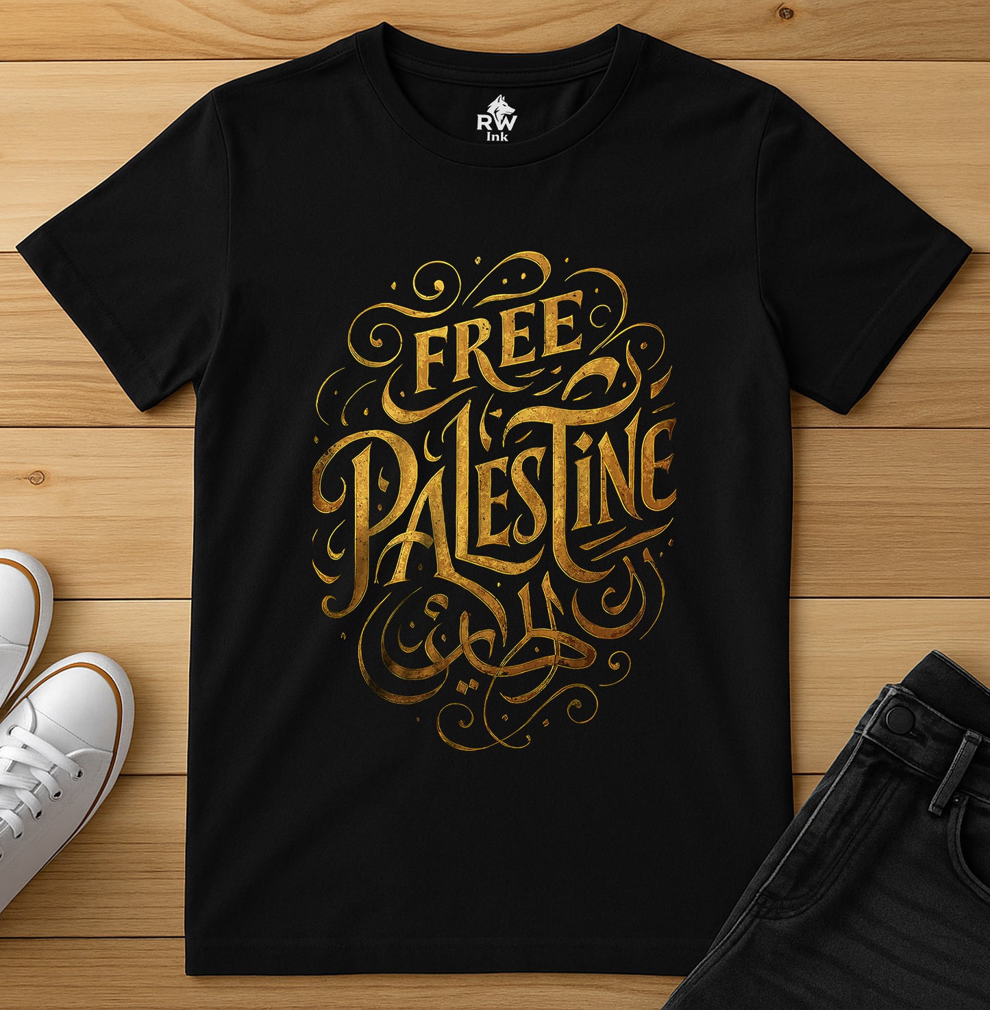 Free Palestine – Calligraphy Gold Tee | Bella+Canvas 3001 Unisex T-Shirt