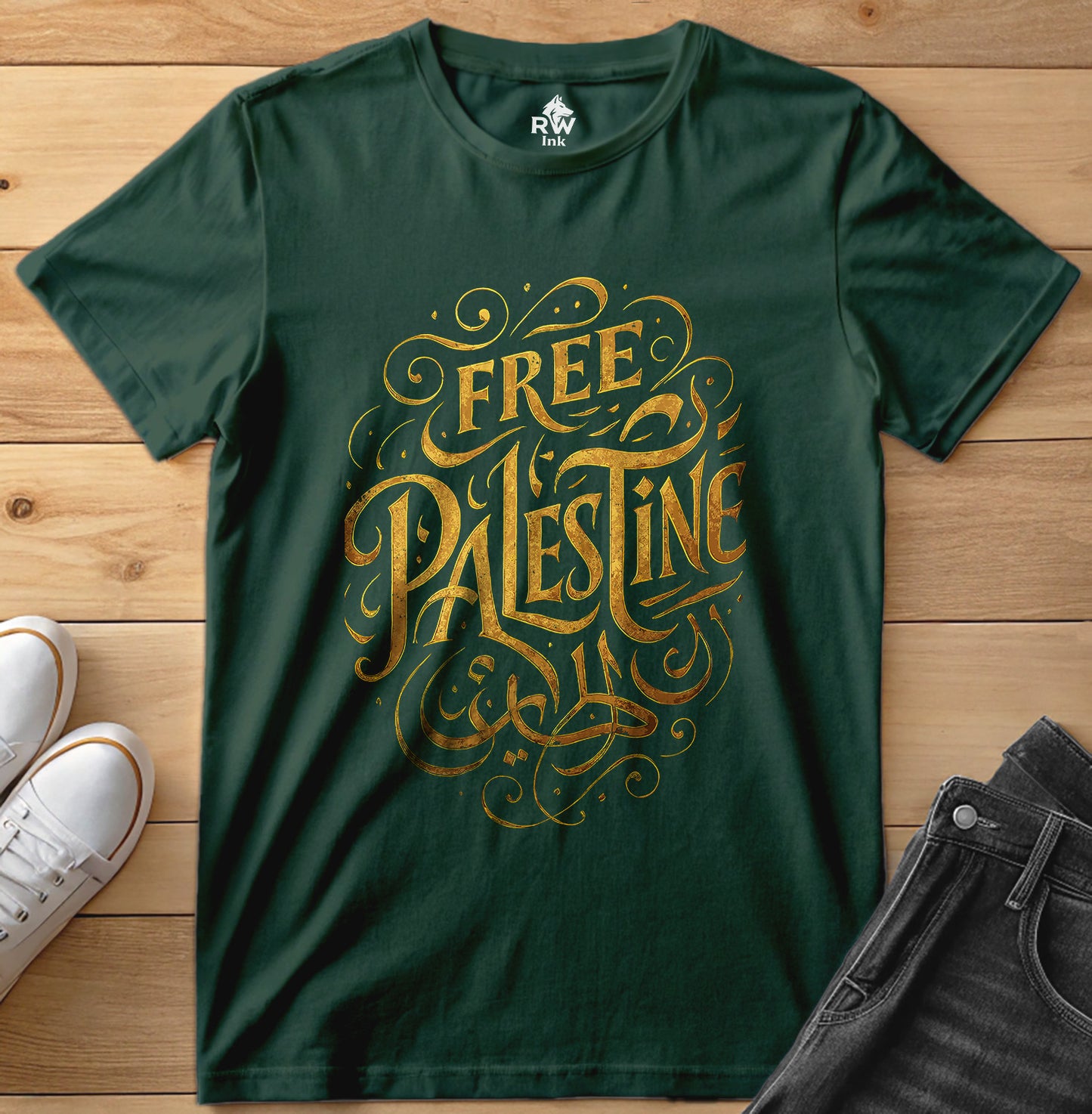 Free Palestine – Calligraphy Gold Tee | Bella+Canvas 3001 Unisex T-Shirt