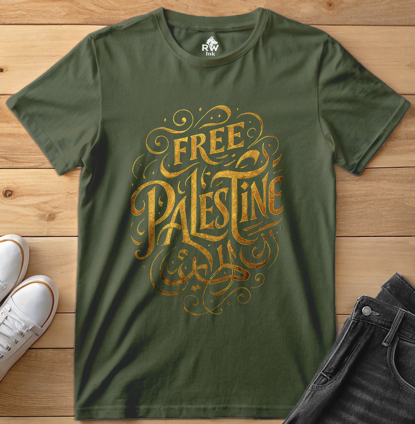 Free Palestine – Calligraphy Gold Tee | Bella+Canvas 3001 Unisex T-Shirt