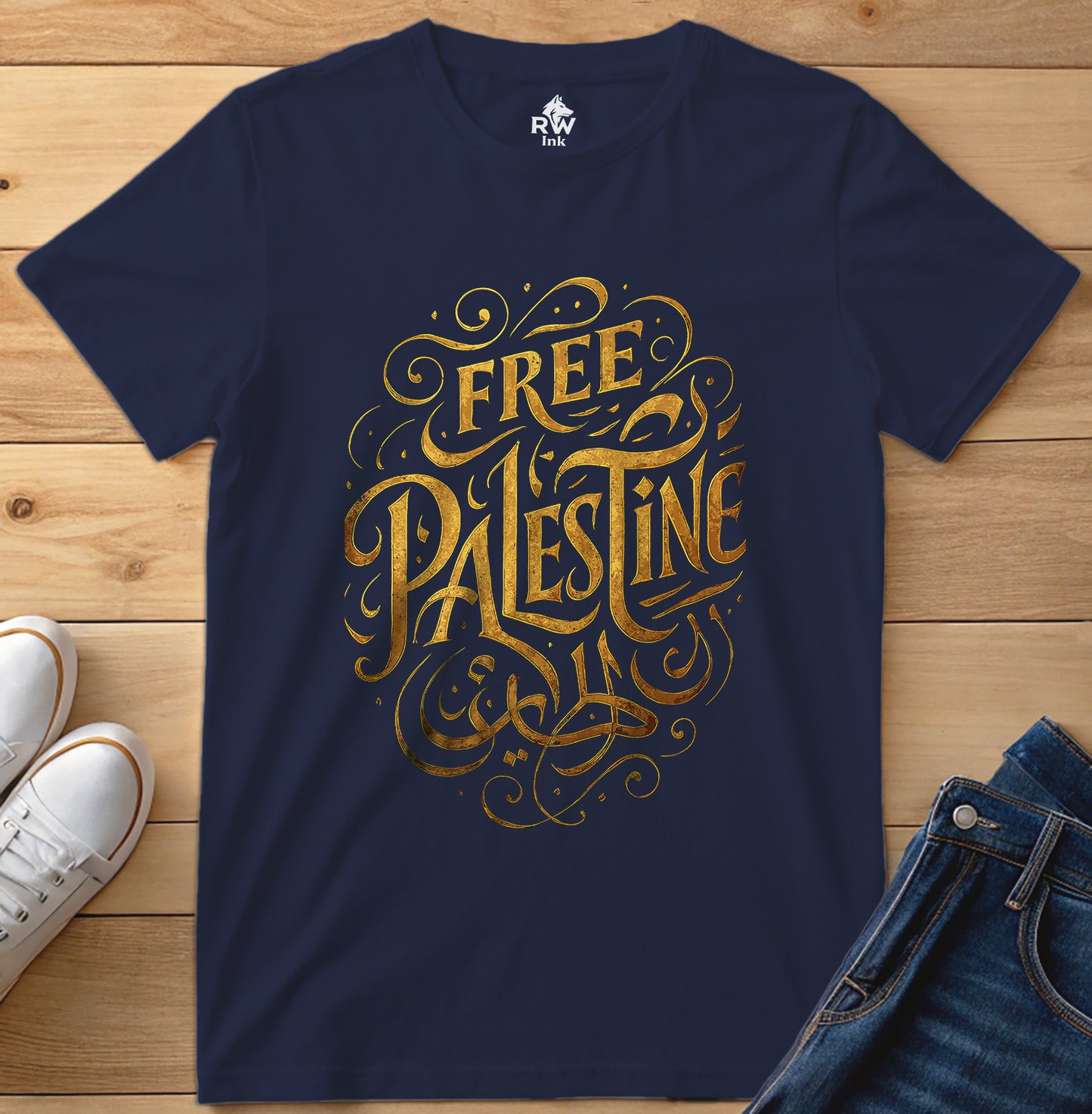 Free Palestine – Calligraphy Gold Tee | Bella+Canvas 3001 Unisex T-Shirt