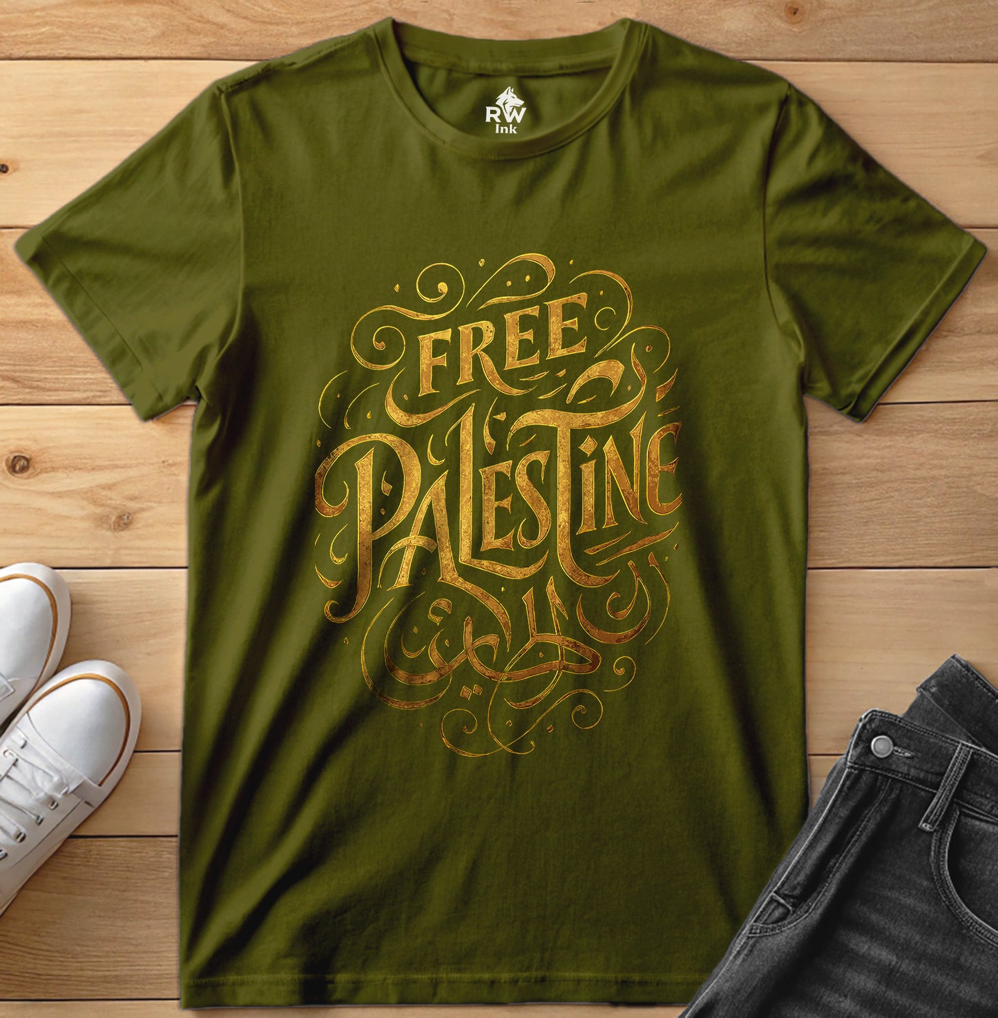 Free Palestine – Calligraphy Gold Tee | Bella+Canvas 3001 Unisex T-Shirt
