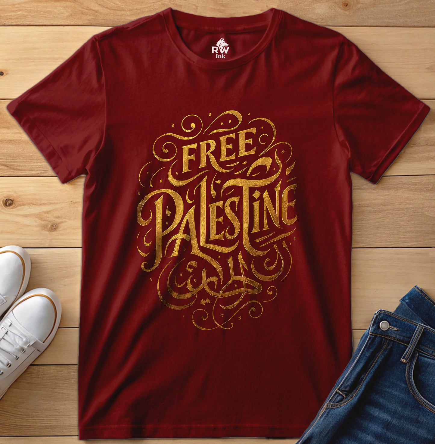 Free Palestine – Calligraphy Gold Tee | Bella+Canvas 3001 Unisex T-Shirt