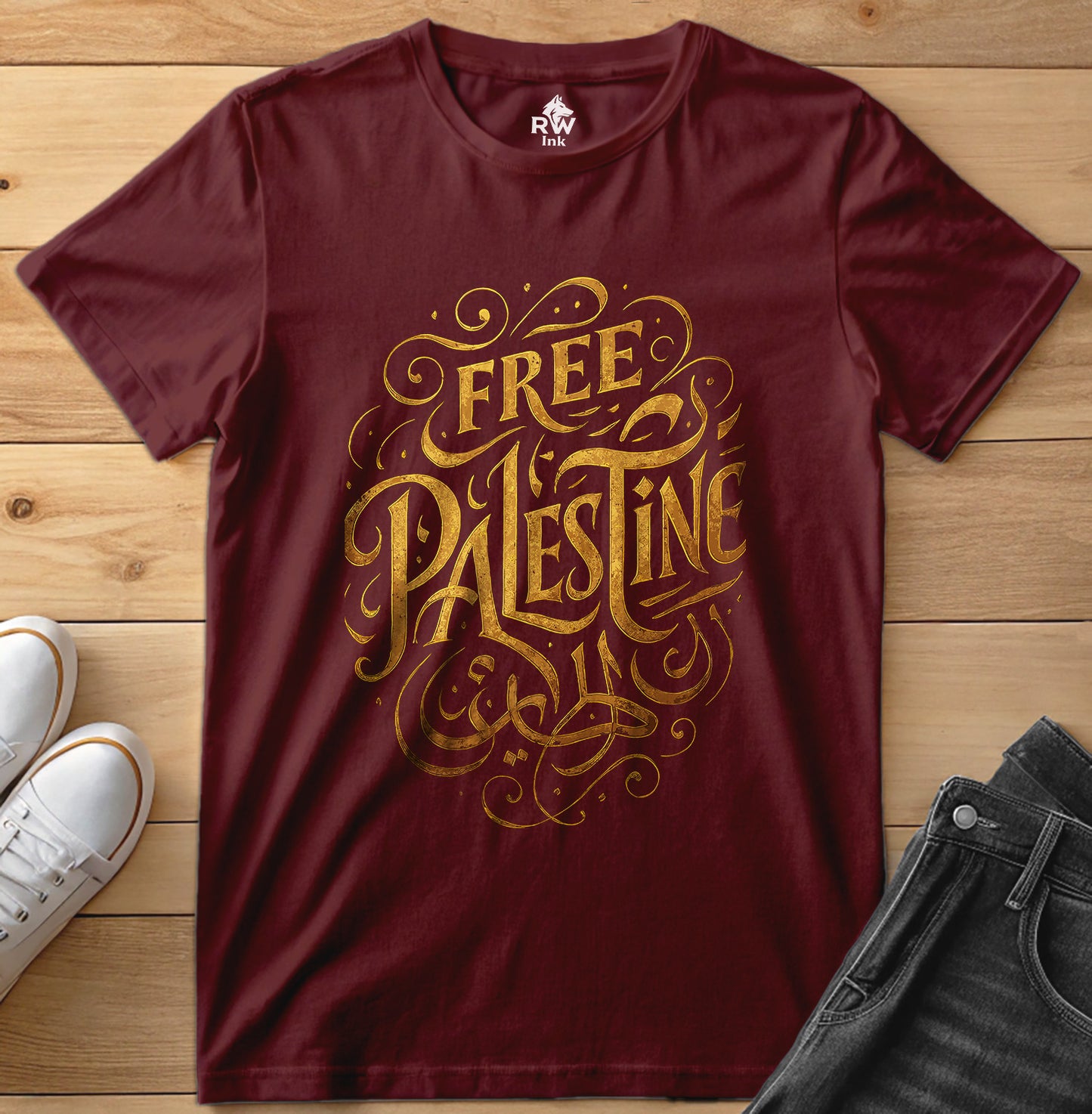 Free Palestine – Calligraphy Gold Tee | Bella+Canvas 3001 Unisex T-Shirt