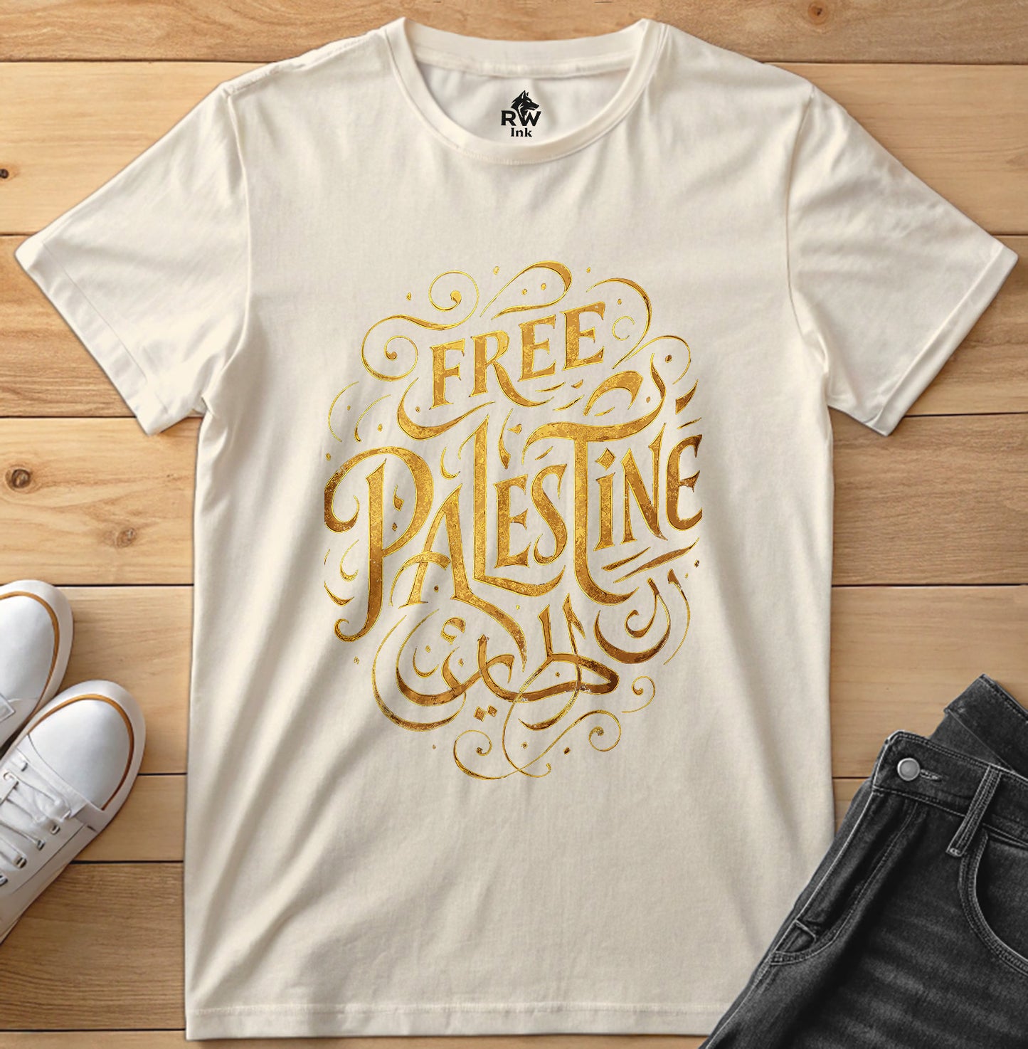 Free Palestine – Calligraphy Gold Tee | Bella+Canvas 3001 Unisex T-Shirt