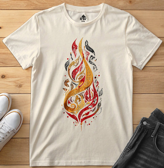 Calligraphic Flame – Art Fire-Inspired T-Shirt | Bella+Canvas 3001 Unisex Tee