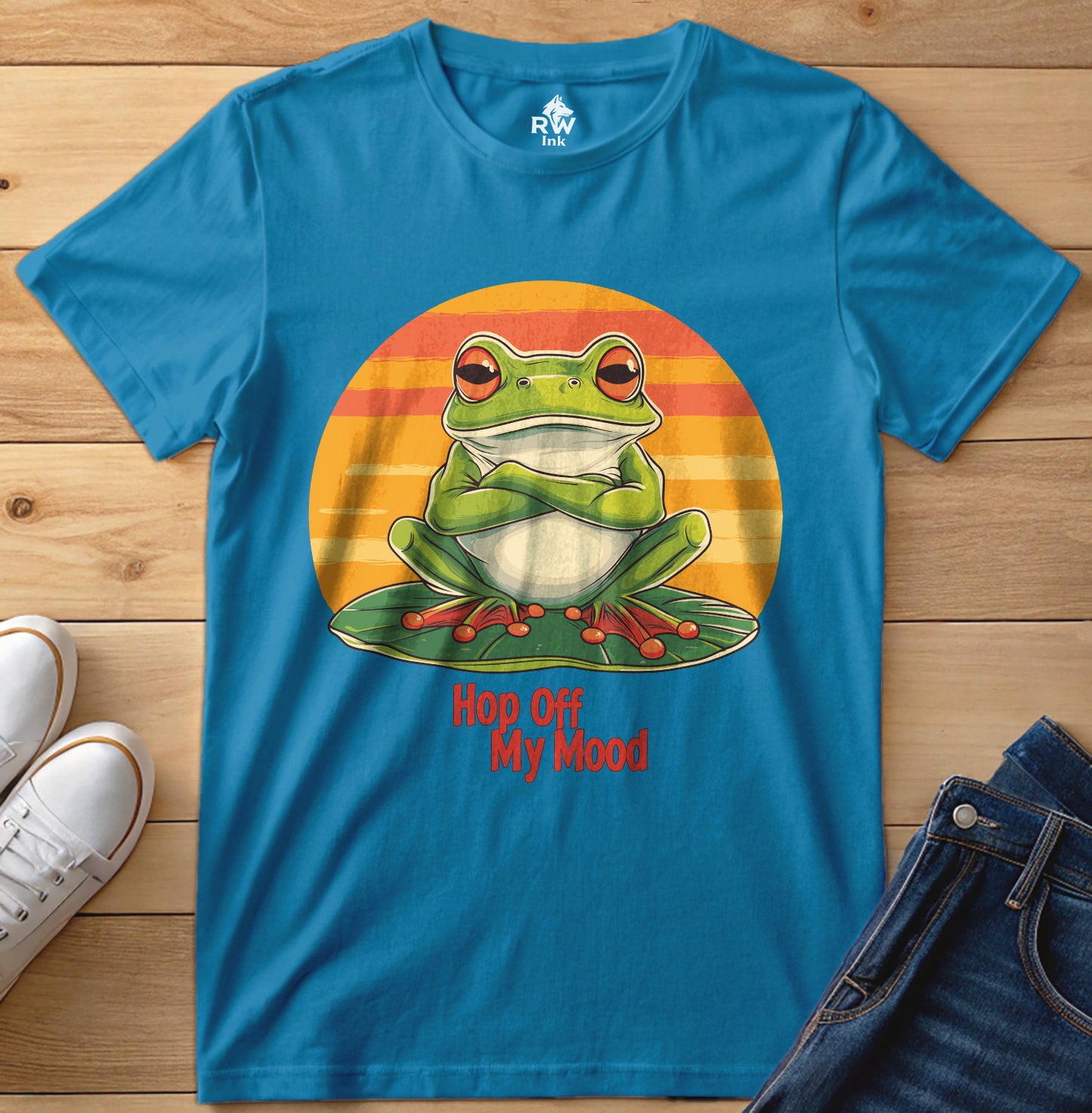 Hop Off My Mood – Funny Grumpy Frog T-Shirt with Retro Sunset | Bella+Canvas 3001 Unisex Tee