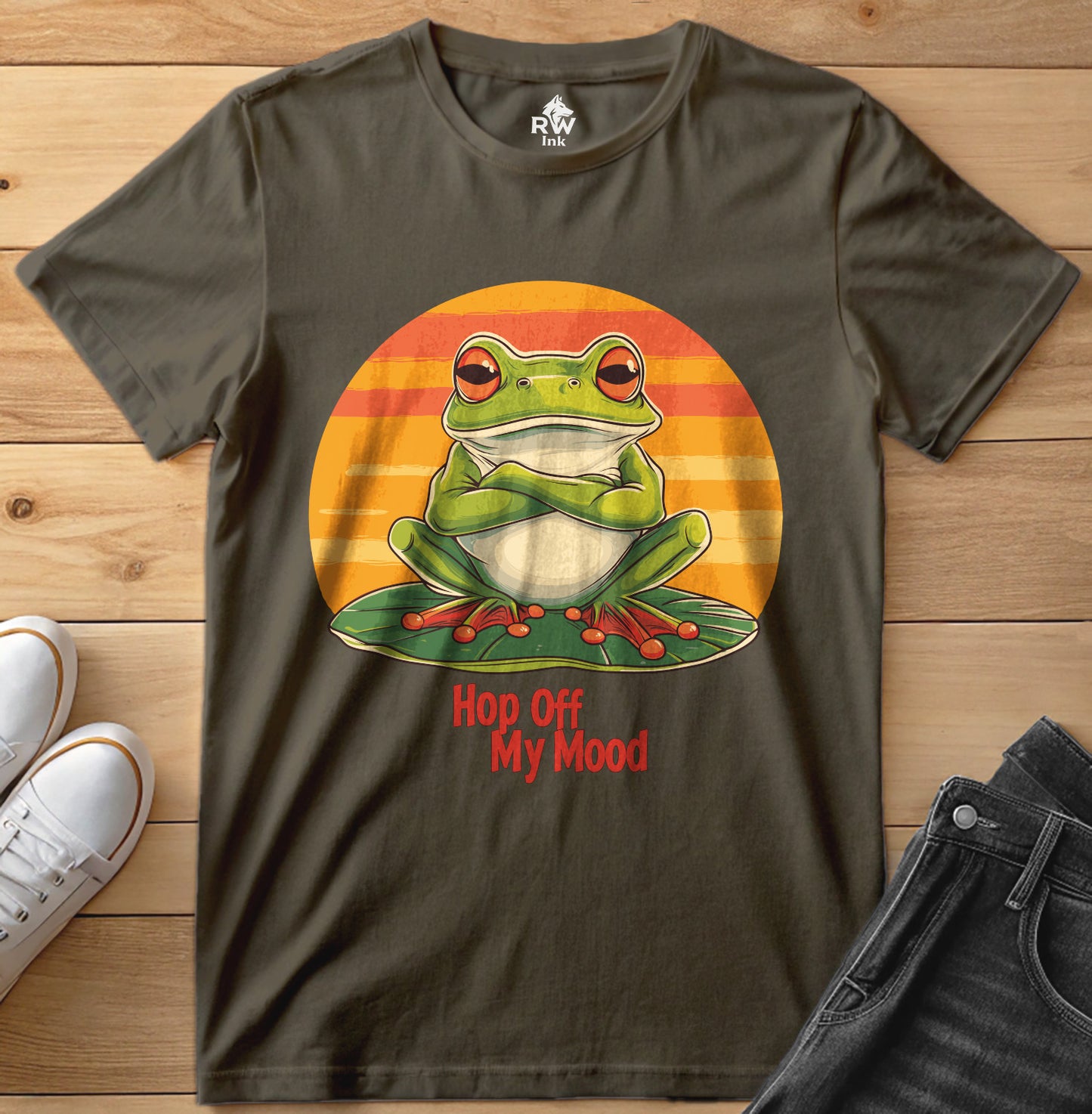Hop Off My Mood – Funny Grumpy Frog T-Shirt with Retro Sunset | Bella+Canvas 3001 Unisex Tee