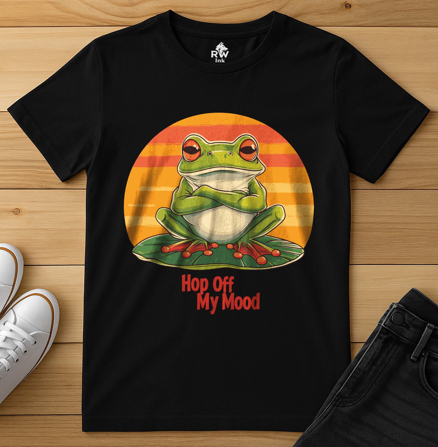 Hop Off My Mood – Funny Grumpy Frog T-Shirt with Retro Sunset | Bella+Canvas 3001 Unisex Tee