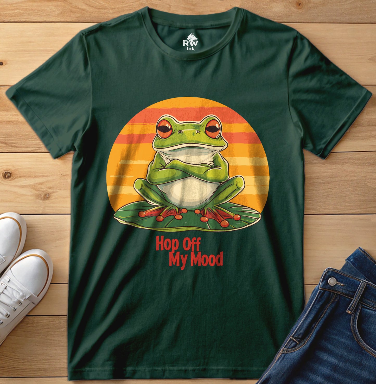 Hop Off My Mood – Funny Grumpy Frog T-Shirt with Retro Sunset | Bella+Canvas 3001 Unisex Tee