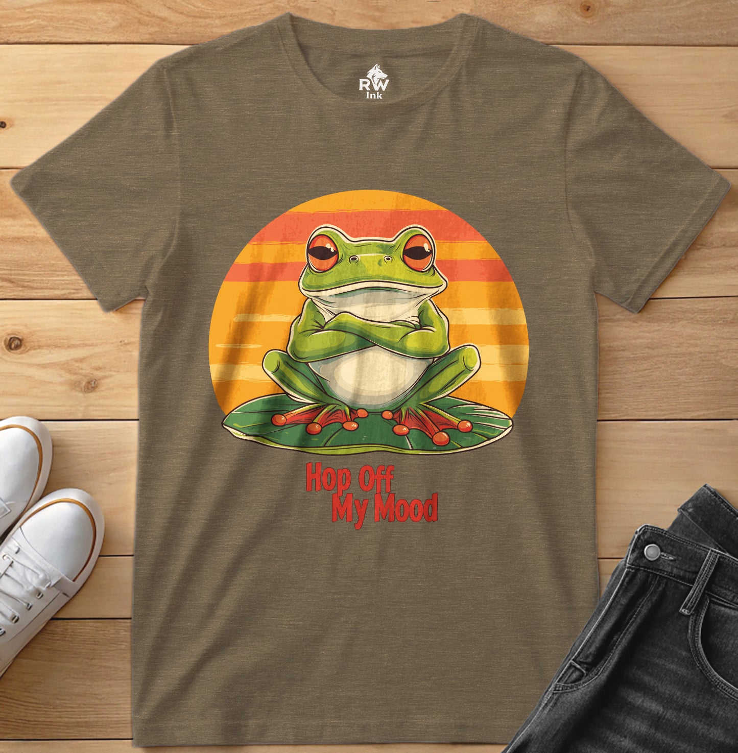 Hop Off My Mood – Funny Grumpy Frog T-Shirt with Retro Sunset | Bella+Canvas 3001 Unisex Tee