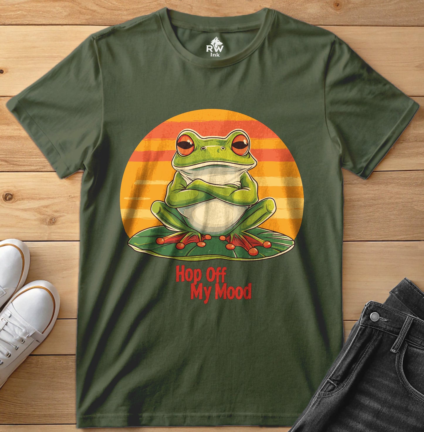 Hop Off My Mood – Funny Grumpy Frog T-Shirt with Retro Sunset | Bella+Canvas 3001 Unisex Tee