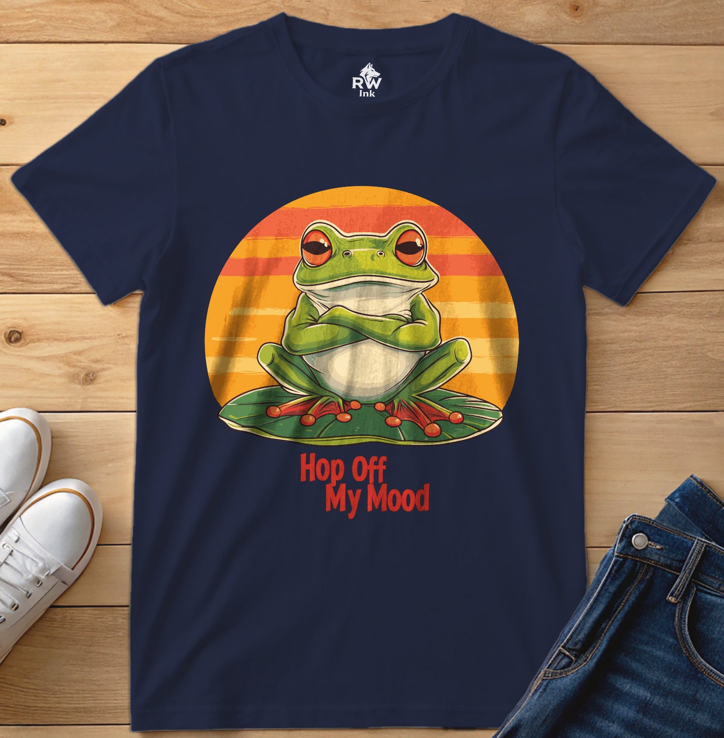 Hop Off My Mood – Funny Grumpy Frog T-Shirt with Retro Sunset | Bella+Canvas 3001 Unisex Tee