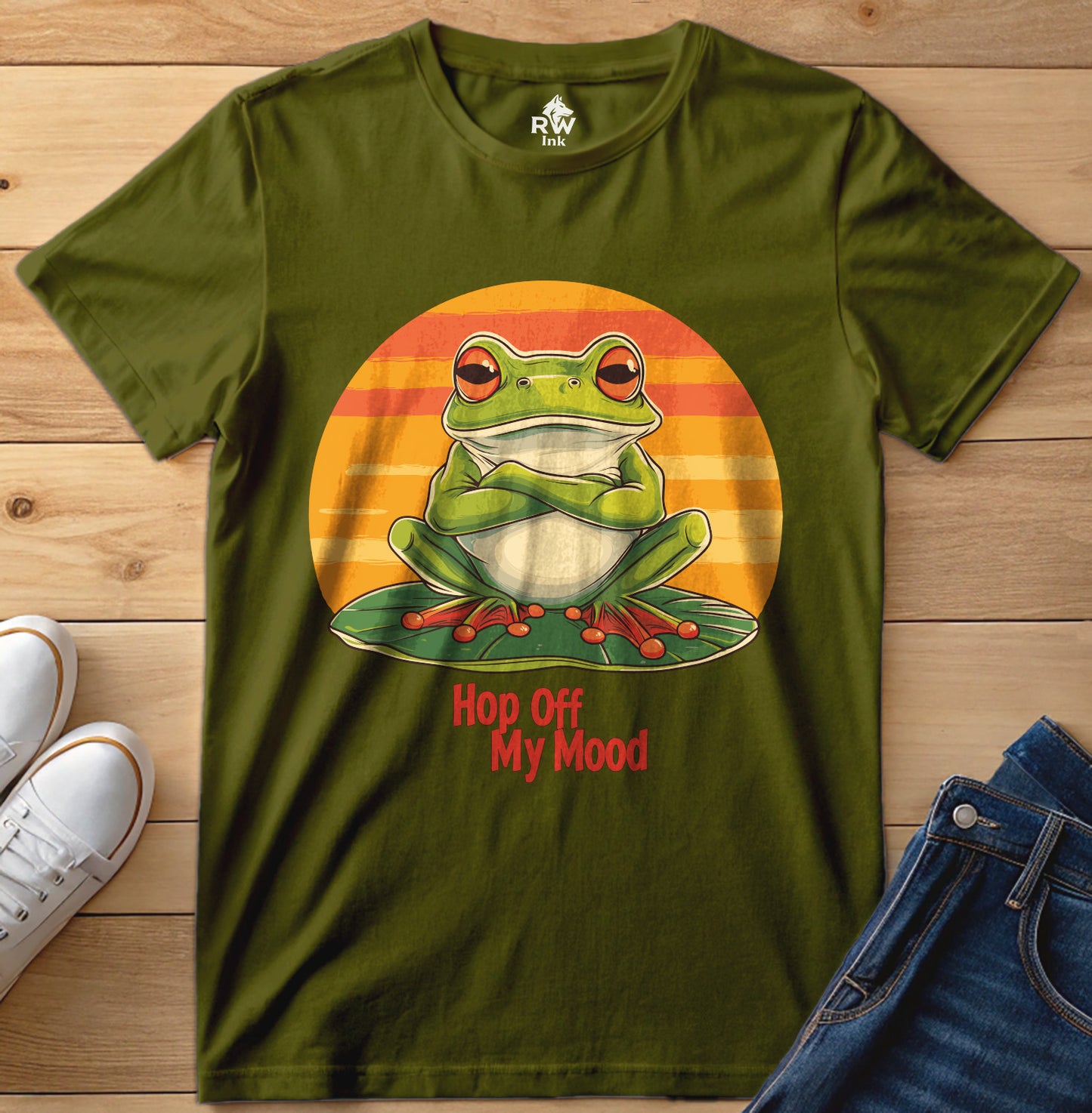 Hop Off My Mood – Funny Grumpy Frog T-Shirt with Retro Sunset | Bella+Canvas 3001 Unisex Tee