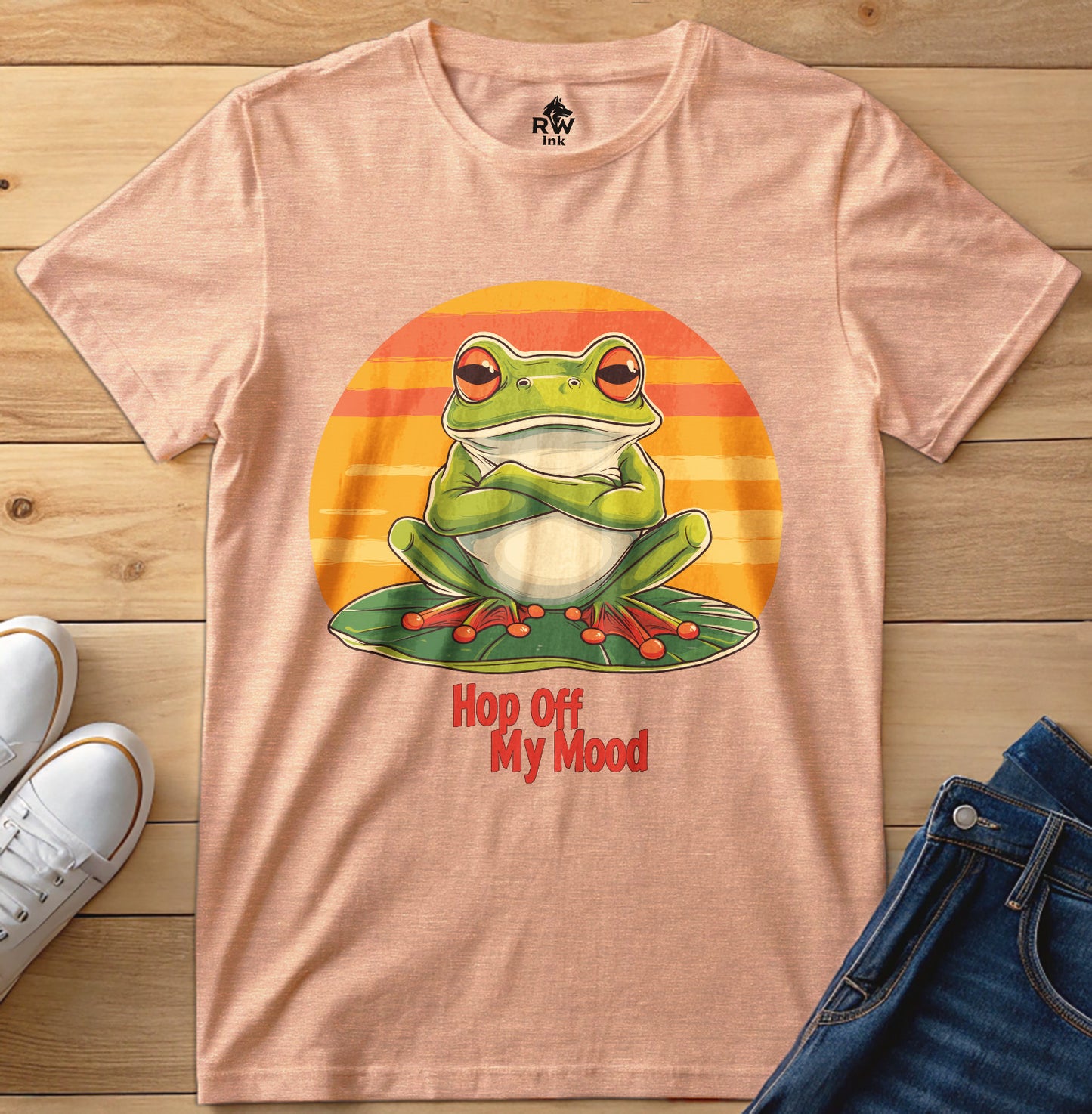 Hop Off My Mood – Funny Grumpy Frog T-Shirt with Retro Sunset | Bella+Canvas 3001 Unisex Tee