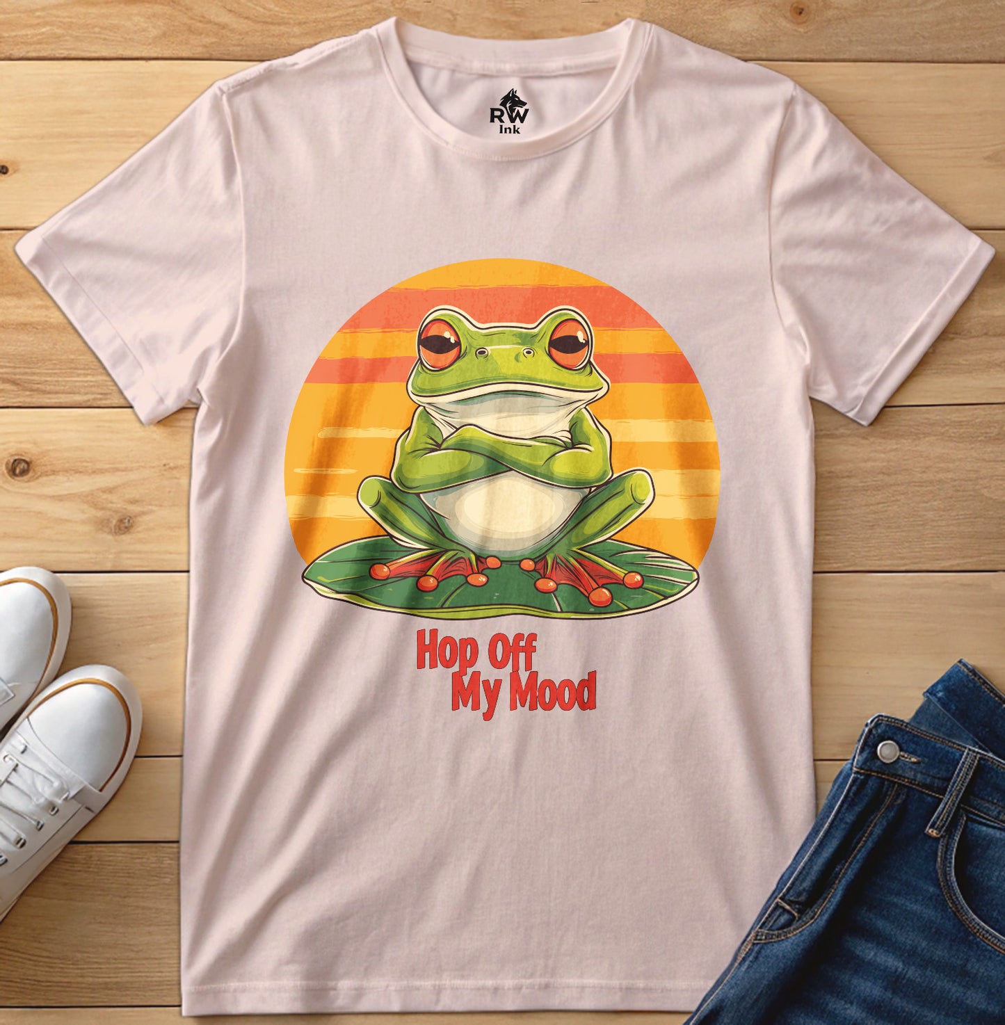 Hop Off My Mood – Funny Grumpy Frog T-Shirt with Retro Sunset | Bella+Canvas 3001 Unisex Tee
