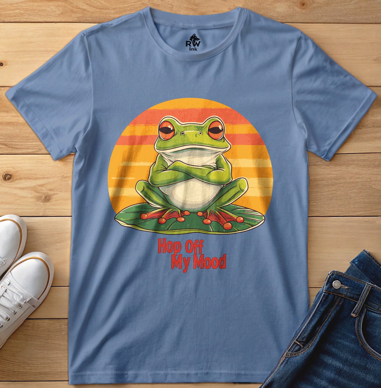 Hop Off My Mood – Funny Grumpy Frog T-Shirt with Retro Sunset | Bella+Canvas 3001 Unisex Tee