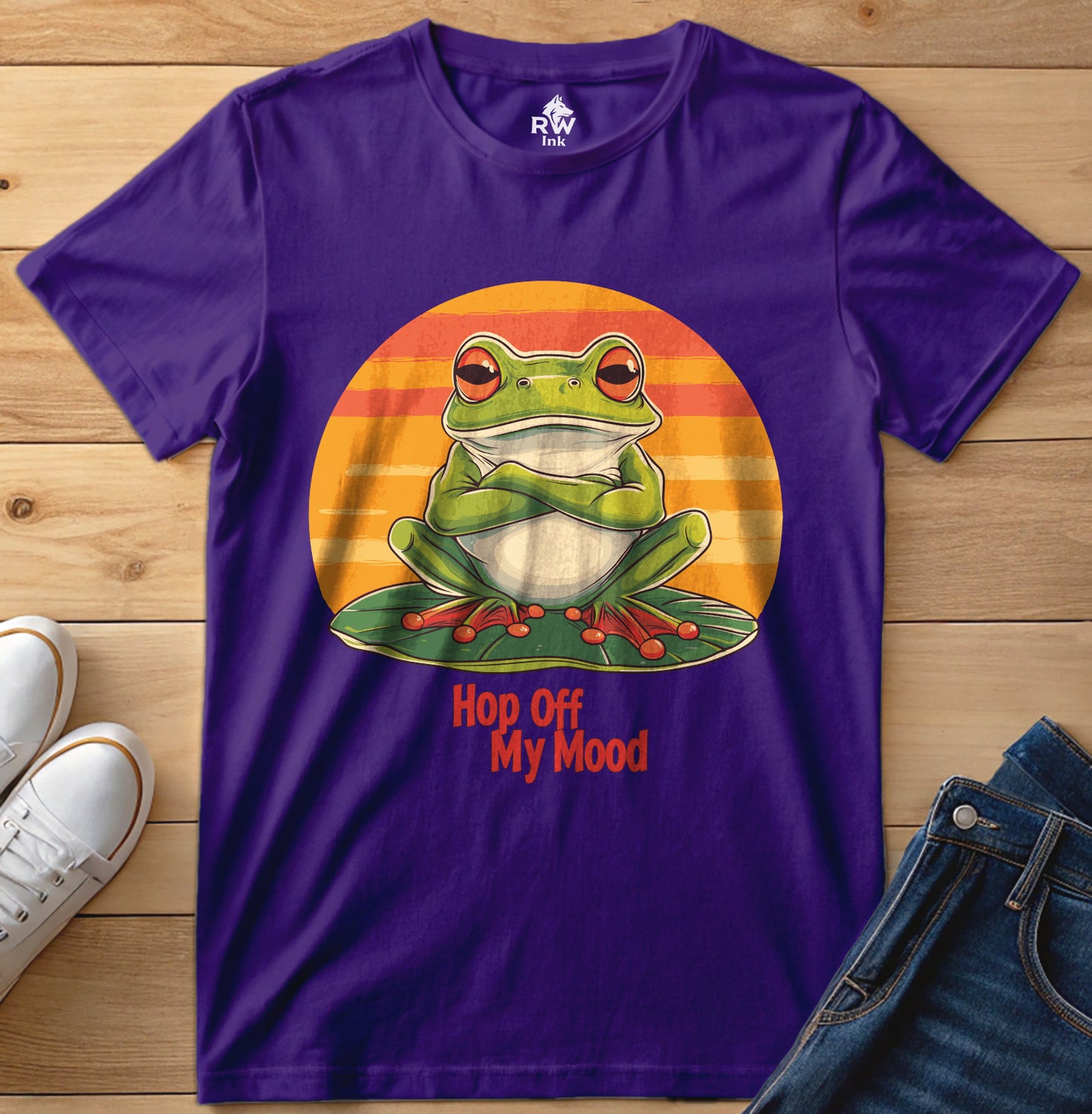 Hop Off My Mood – Funny Grumpy Frog T-Shirt with Retro Sunset | Bella+Canvas 3001 Unisex Tee