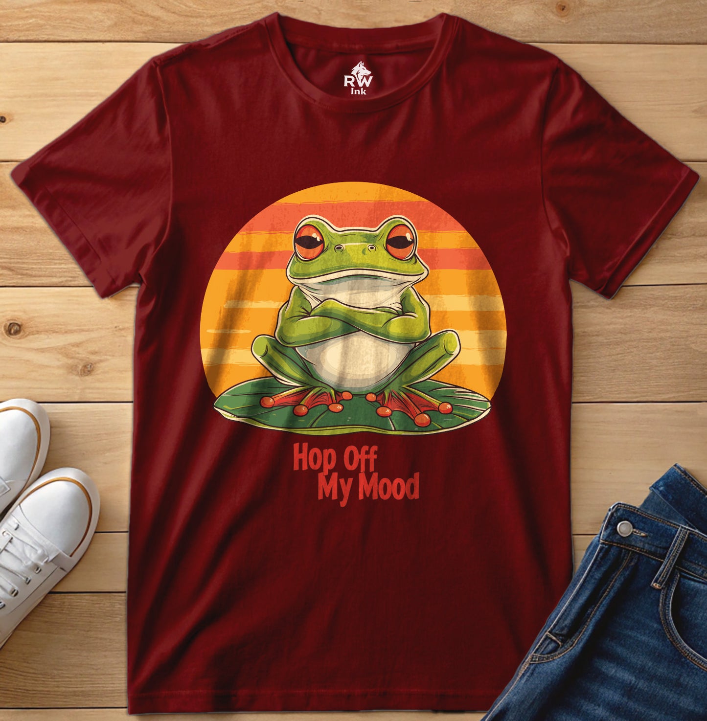 Hop Off My Mood – Funny Grumpy Frog T-Shirt with Retro Sunset | Bella+Canvas 3001 Unisex Tee