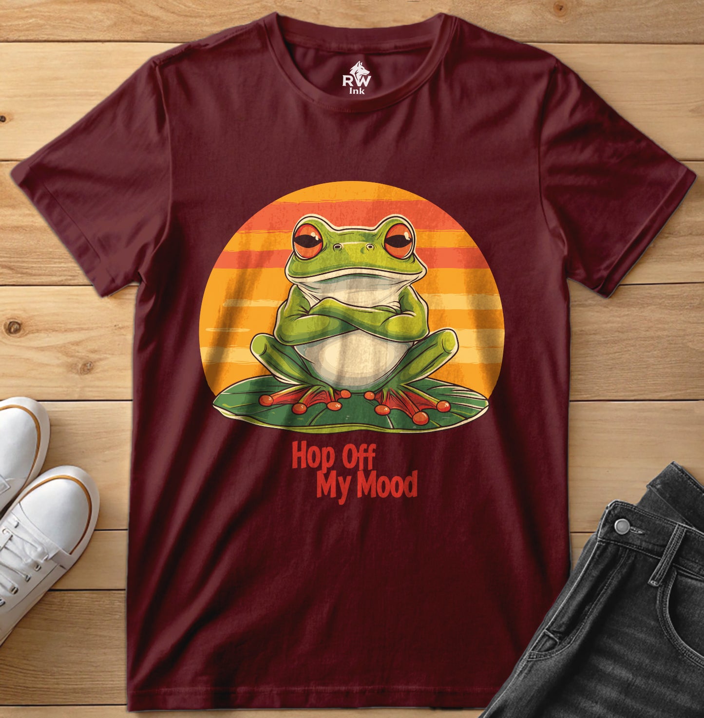 Hop Off My Mood – Funny Grumpy Frog T-Shirt with Retro Sunset | Bella+Canvas 3001 Unisex Tee