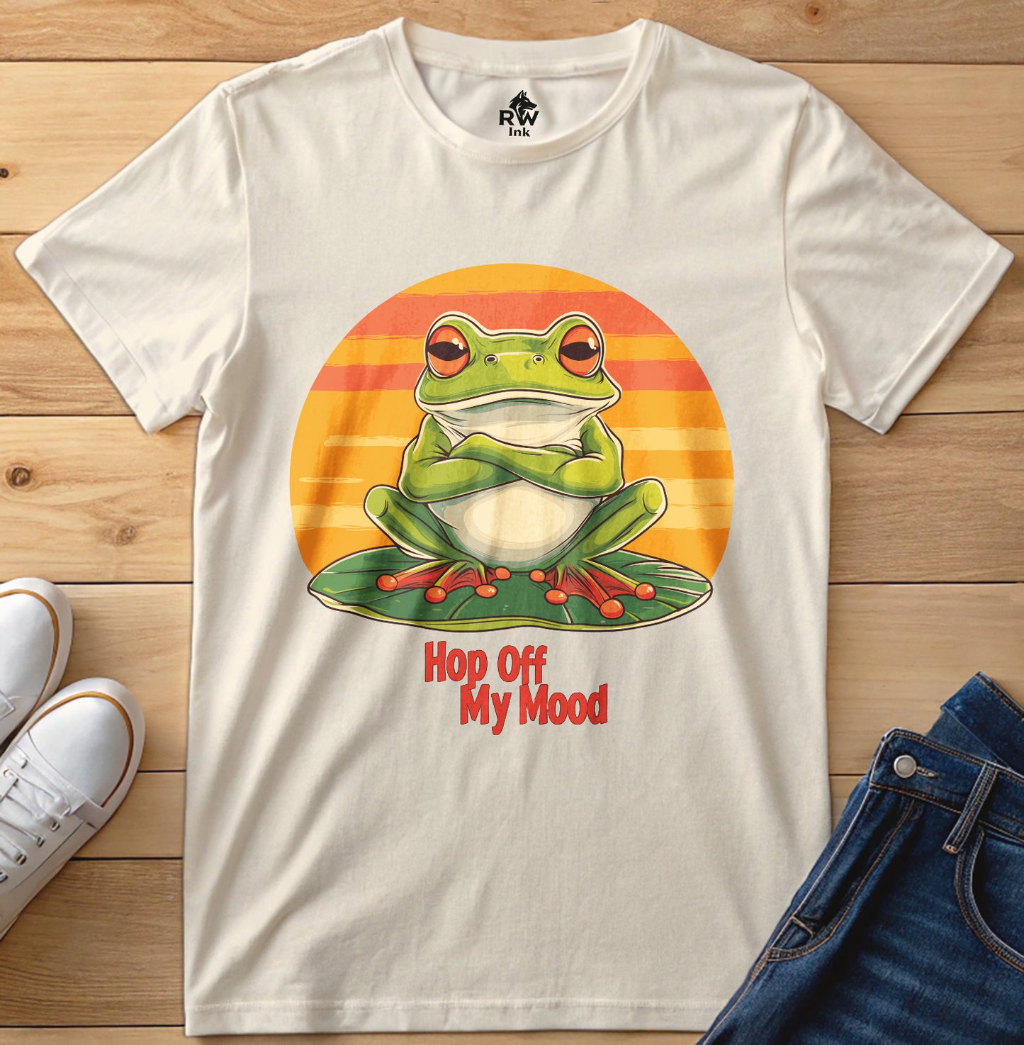Hop Off My Mood – Funny Grumpy Frog T-Shirt with Retro Sunset | Bella+Canvas 3001 Unisex Tee
