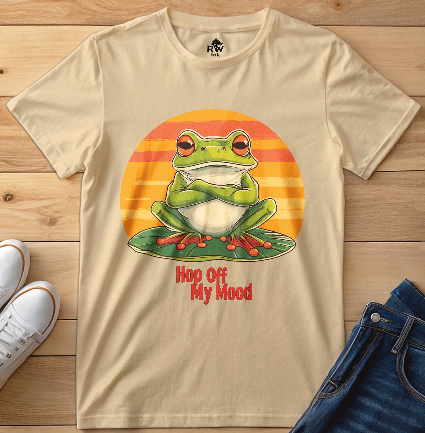Hop Off My Mood – Funny Grumpy Frog T-Shirt with Retro Sunset | Bella+Canvas 3001 Unisex Tee