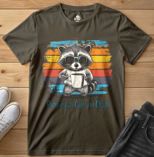 Running on Coffee and Chaos – Funny Raccoon T-Shirt – Bella+Canvas 3001 Unisex Tee