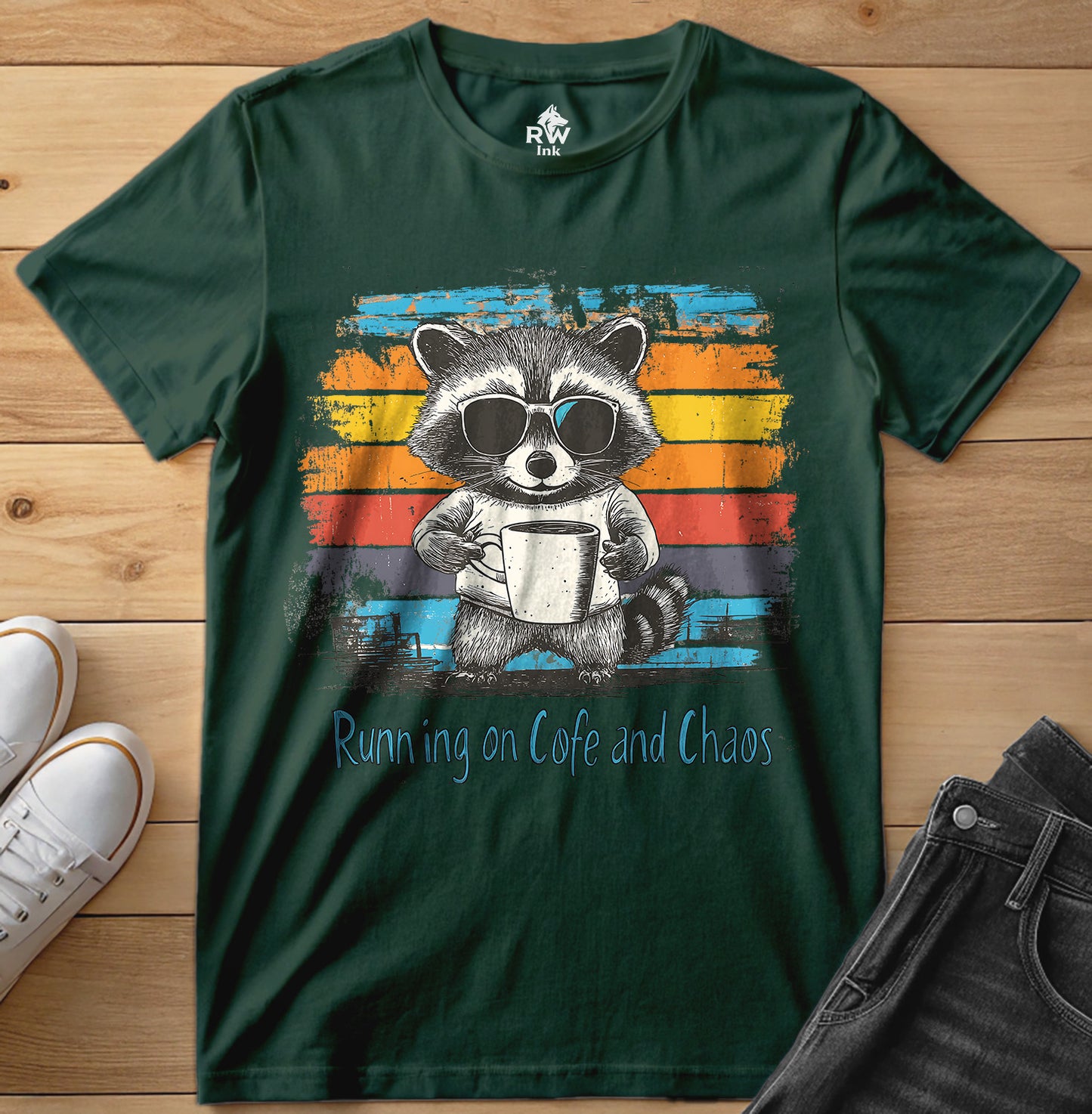 Running on Coffee and Chaos – Funny Raccoon T-Shirt – Bella+Canvas 3001 Unisex Tee