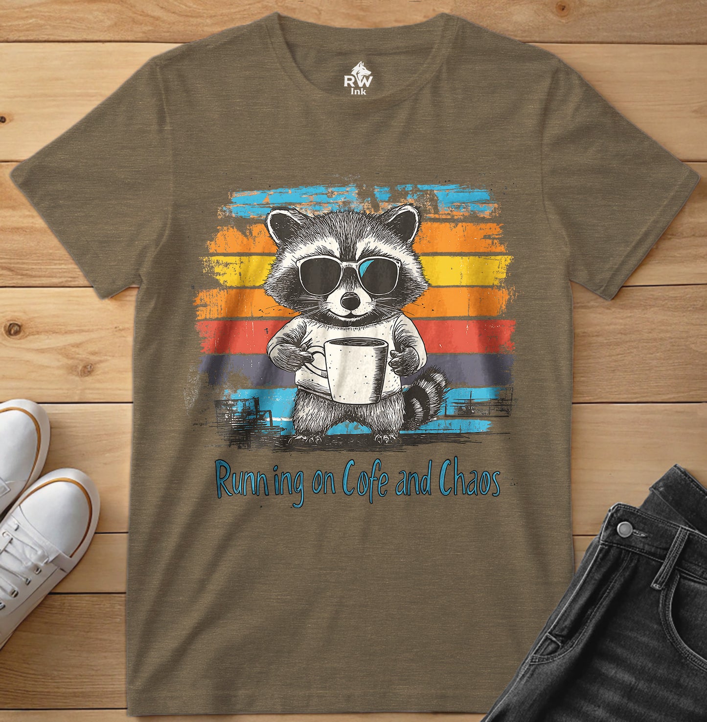 Running on Coffee and Chaos – Funny Raccoon T-Shirt – Bella+Canvas 3001 Unisex Tee