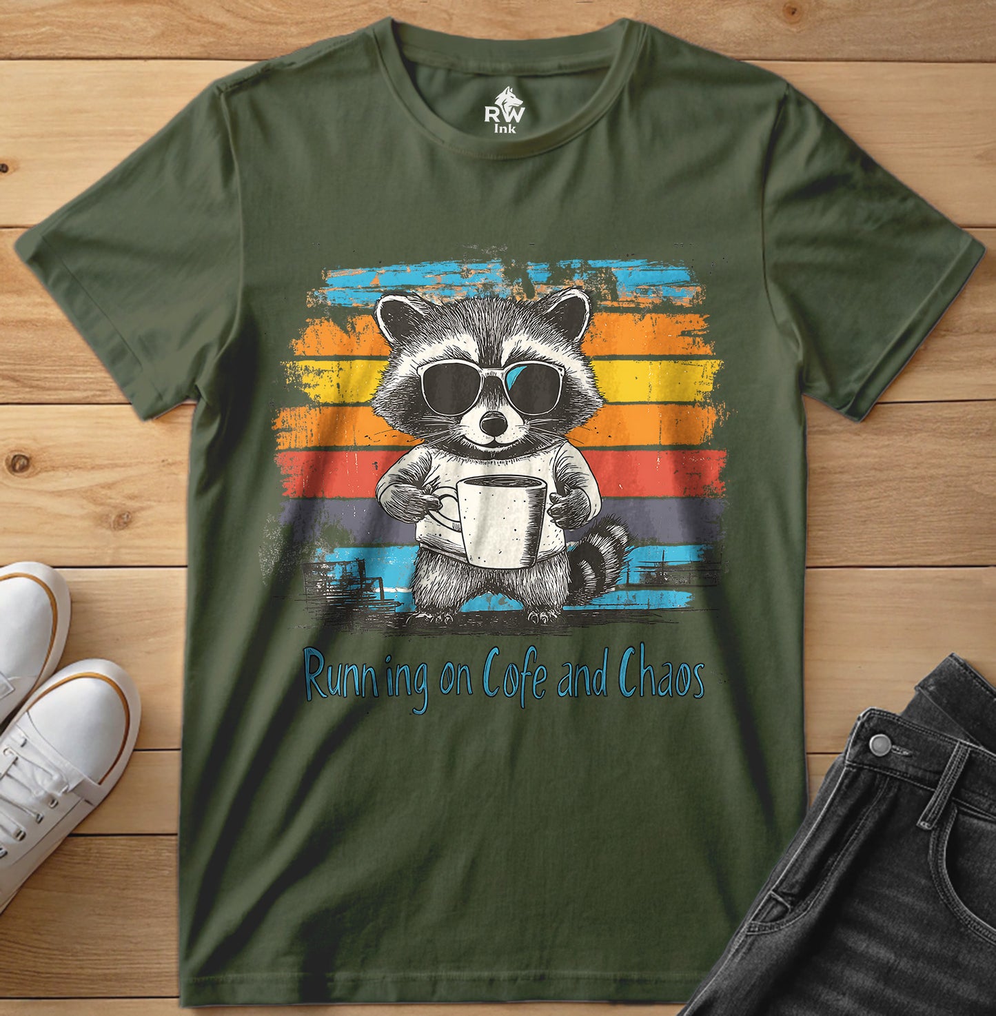 Running on Coffee and Chaos – Funny Raccoon T-Shirt – Bella+Canvas 3001 Unisex Tee