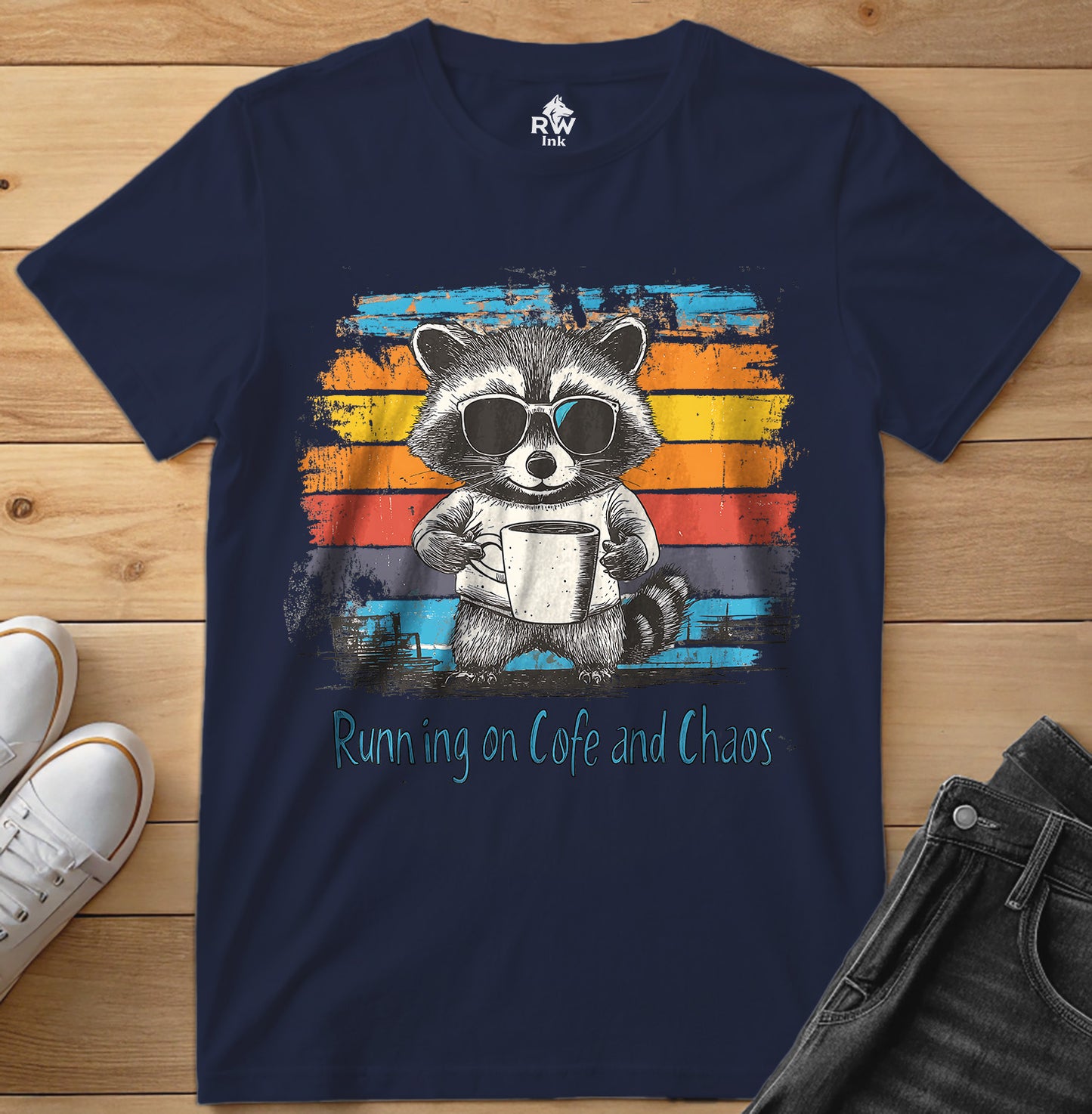 Running on Coffee and Chaos – Funny Raccoon T-Shirt – Bella+Canvas 3001 Unisex Tee