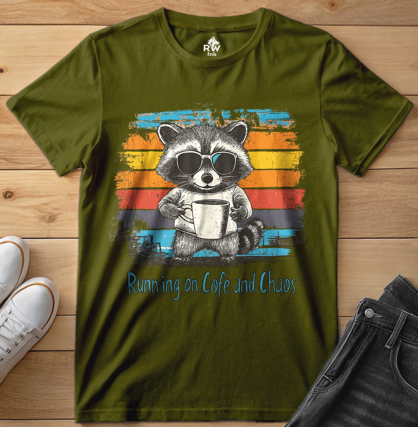 Running on Coffee and Chaos – Funny Raccoon T-Shirt – Bella+Canvas 3001 Unisex Tee