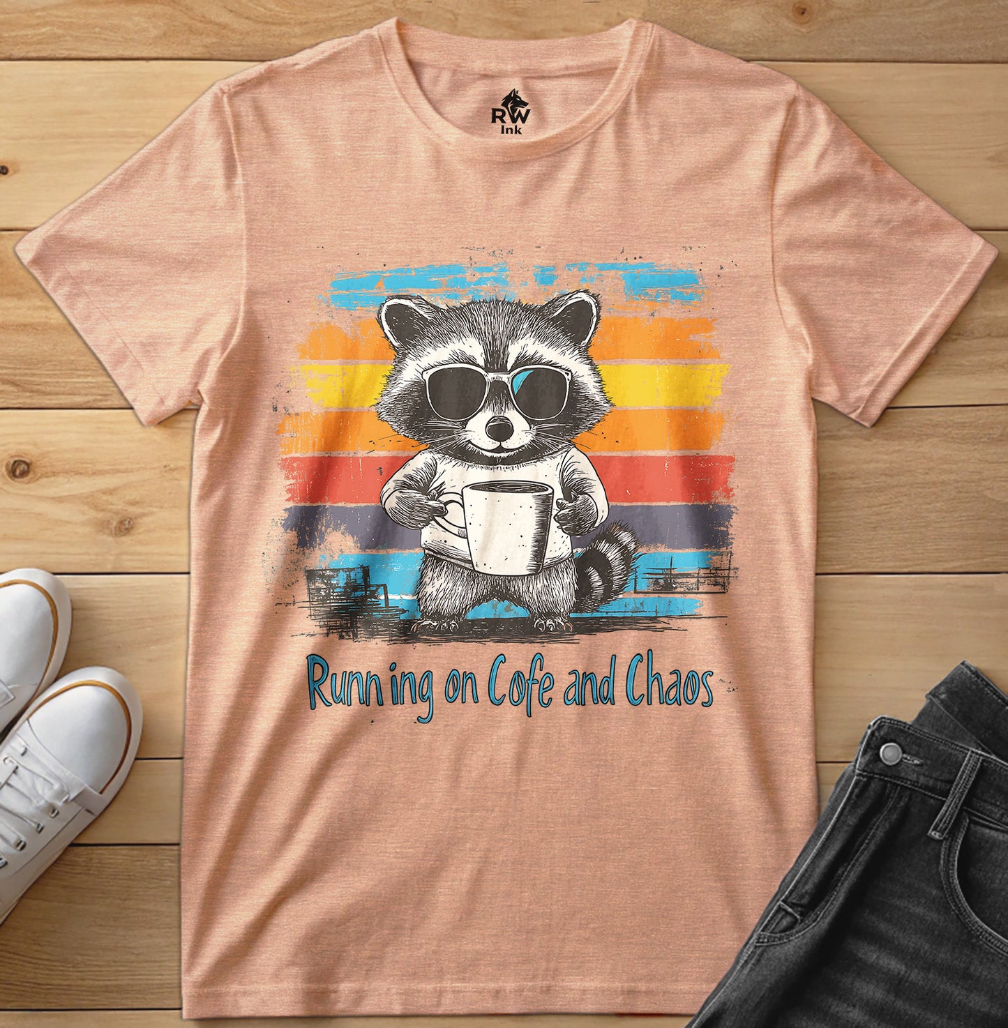 Running on Coffee and Chaos – Funny Raccoon T-Shirt – Bella+Canvas 3001 Unisex Tee