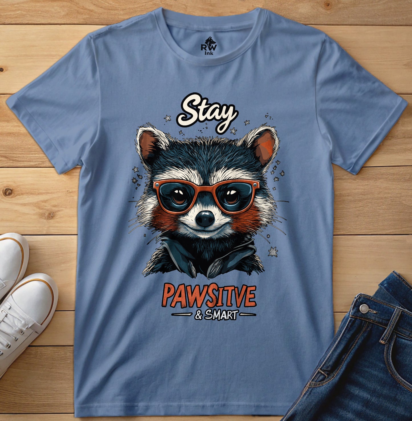 Stay Pawsitive & Smart – Cool Raccoon T-Shirt with Glasses – Animal Lover Gift – Bella+Canvas 3001