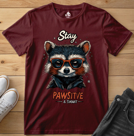 Stay Pawsitive & Smart – Cool Raccoon T-Shirt with Glasses – Animal Lover Gift – Bella+Canvas 3001