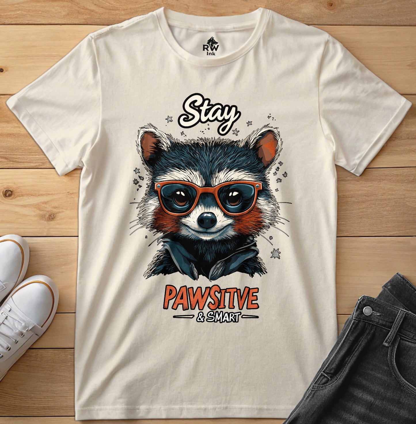 Stay Pawsitive & Smart – Cool Raccoon T-Shirt with Glasses – Animal Lover Gift – Bella+Canvas 3001