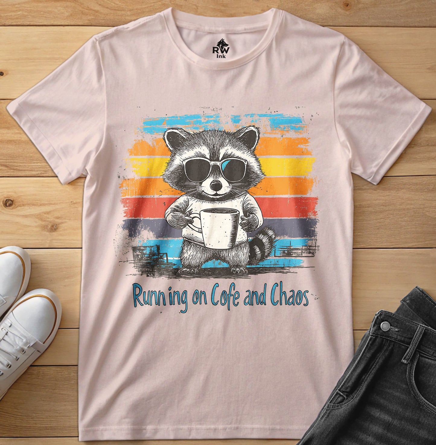 Running on Coffee and Chaos – Funny Raccoon T-Shirt – Bella+Canvas 3001 Unisex Tee