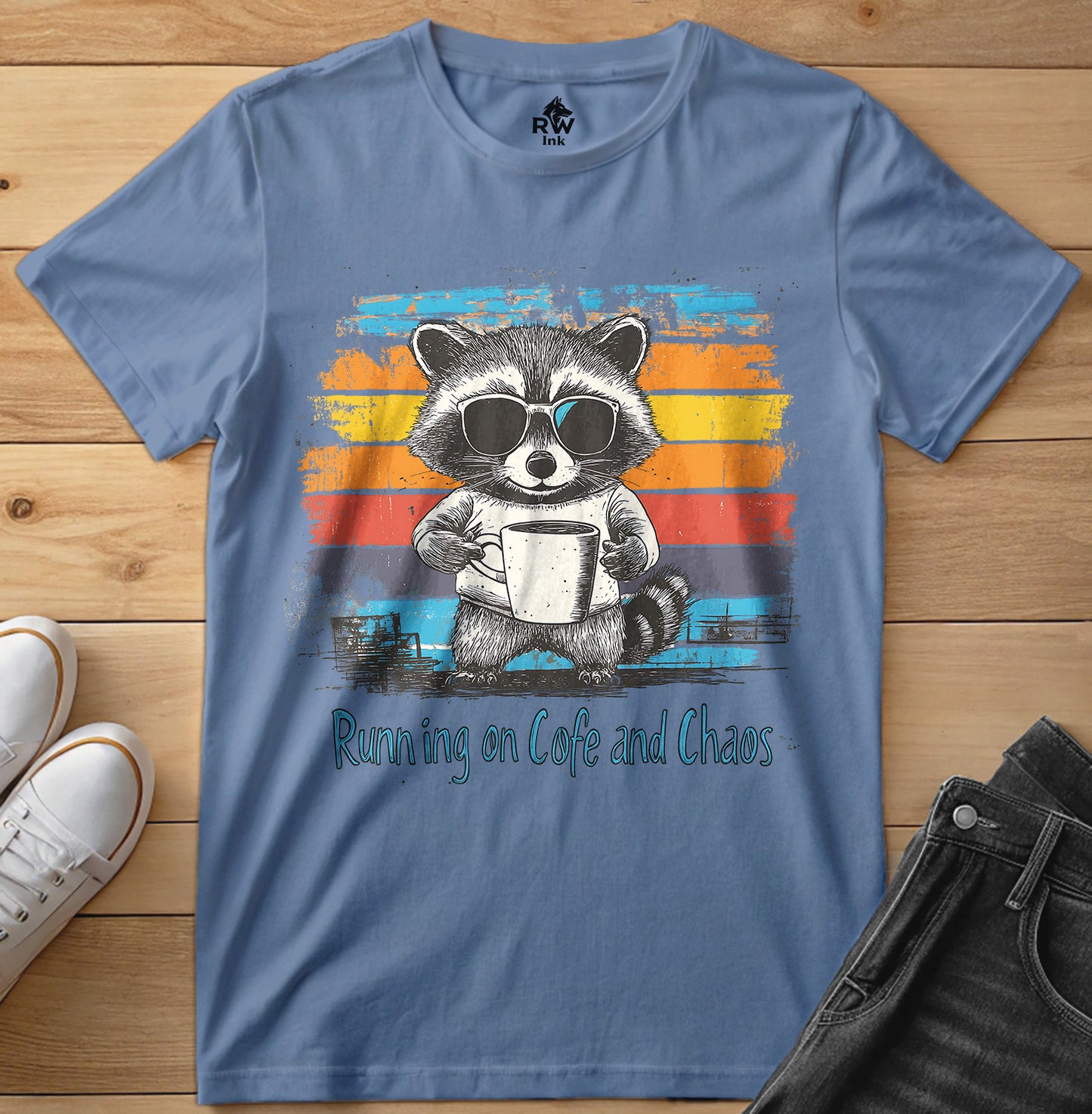 Running on Coffee and Chaos – Funny Raccoon T-Shirt – Bella+Canvas 3001 Unisex Tee