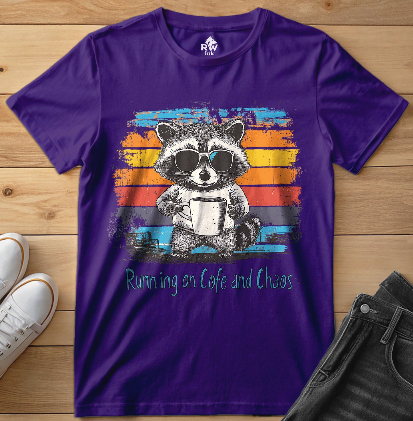 Running on Coffee and Chaos – Funny Raccoon T-Shirt – Bella+Canvas 3001 Unisex Tee