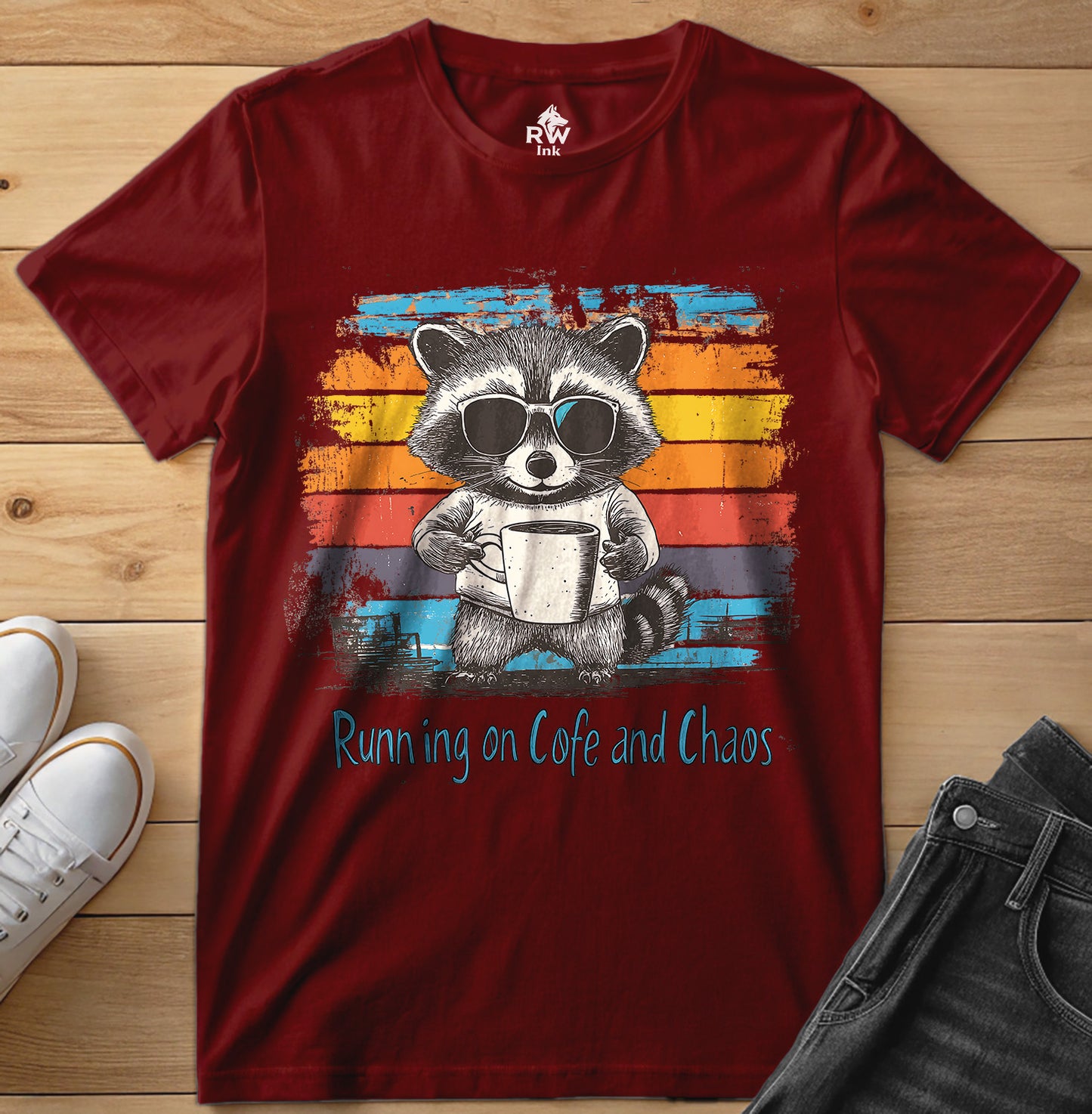Running on Coffee and Chaos – Funny Raccoon T-Shirt – Bella+Canvas 3001 Unisex Tee