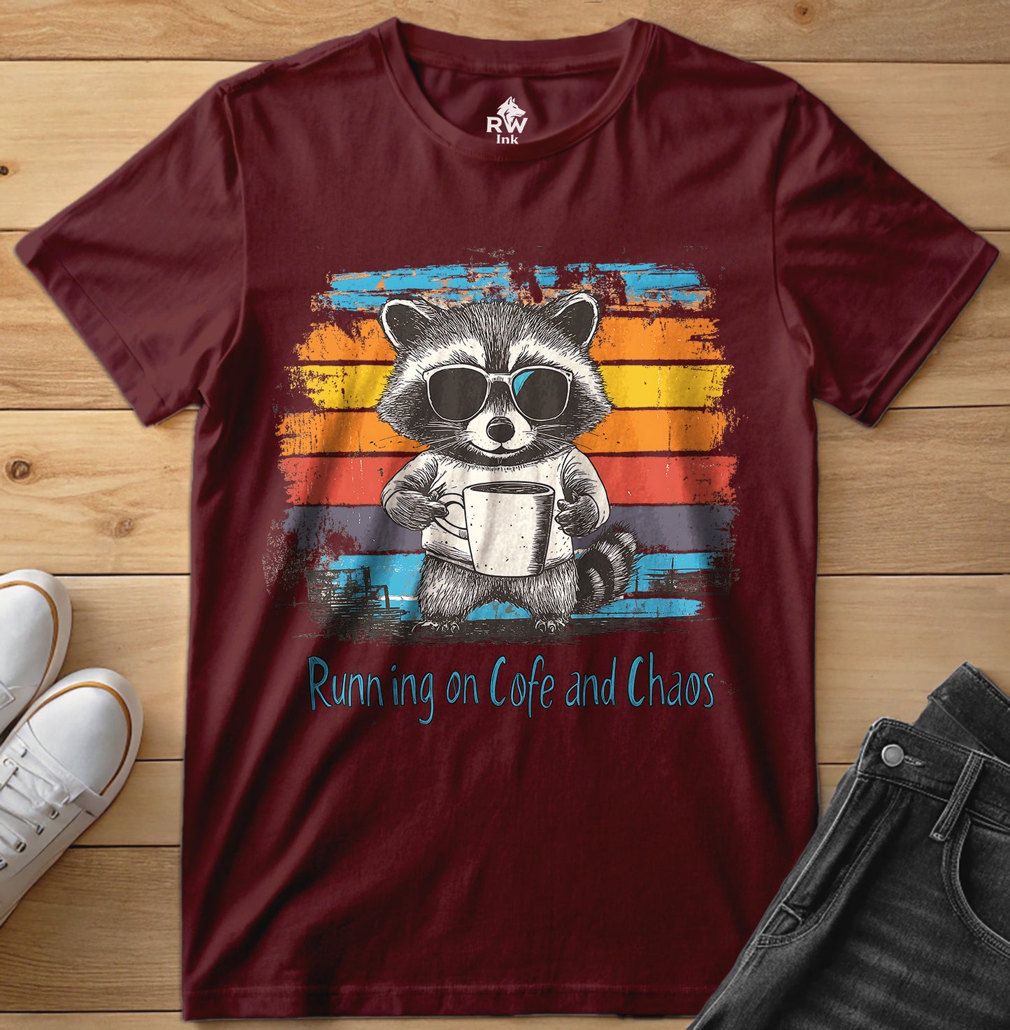 Running on Coffee and Chaos – Funny Raccoon T-Shirt – Bella+Canvas 3001 Unisex Tee