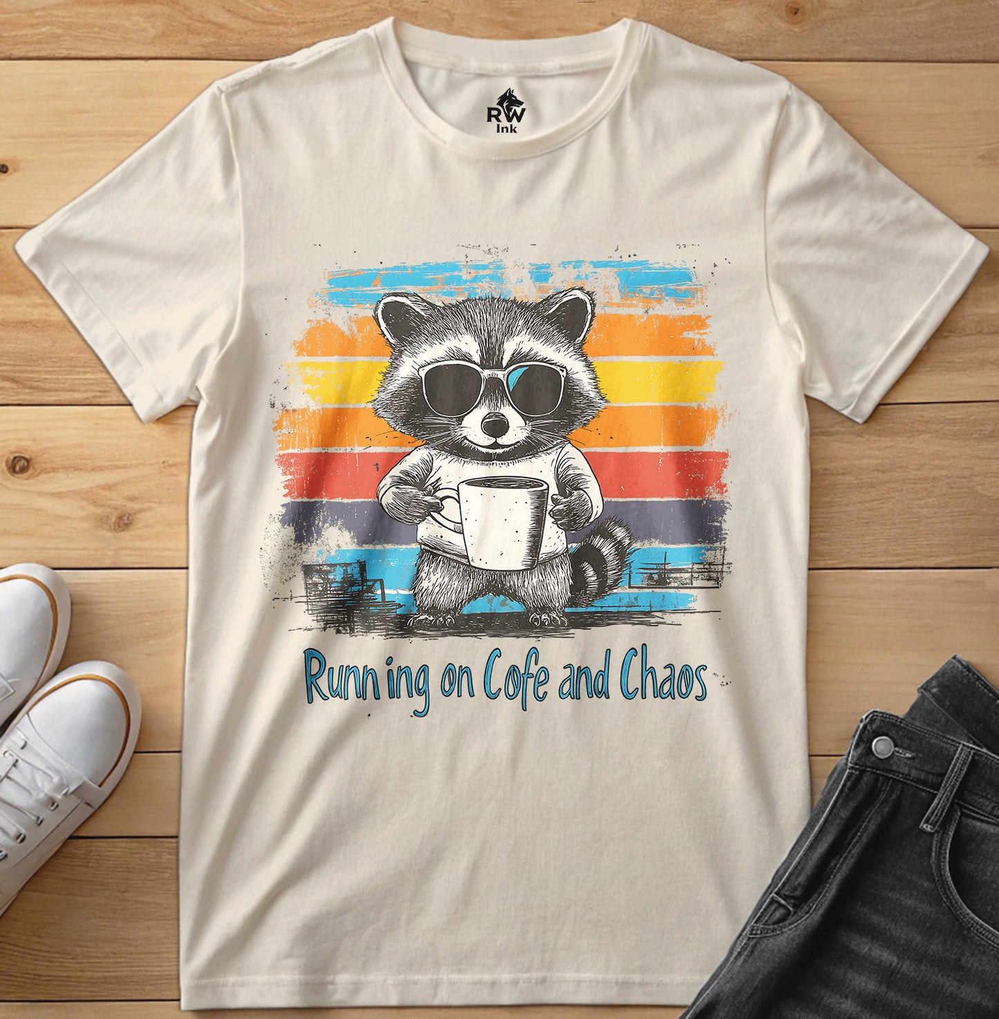 Running on Coffee and Chaos – Funny Raccoon T-Shirt – Bella+Canvas 3001 Unisex Tee
