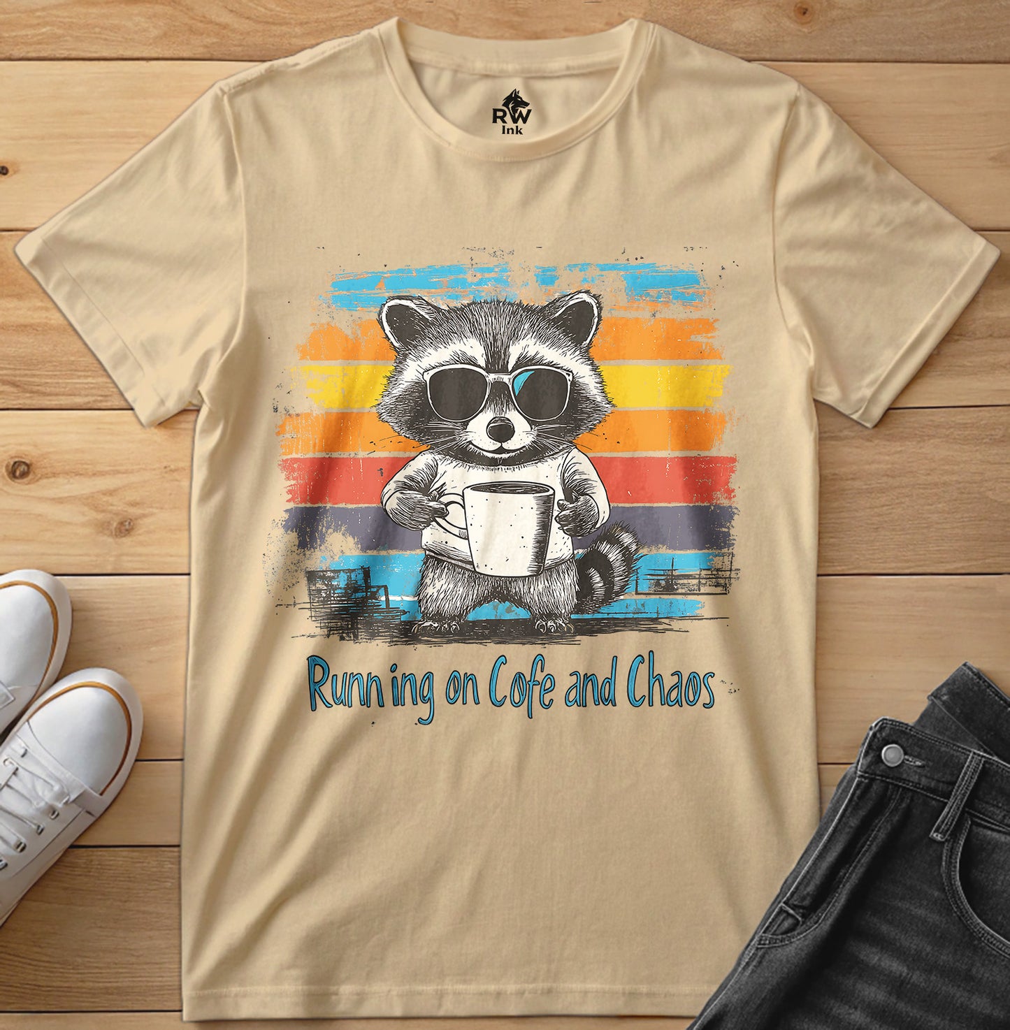 Running on Coffee and Chaos – Funny Raccoon T-Shirt – Bella+Canvas 3001 Unisex Tee