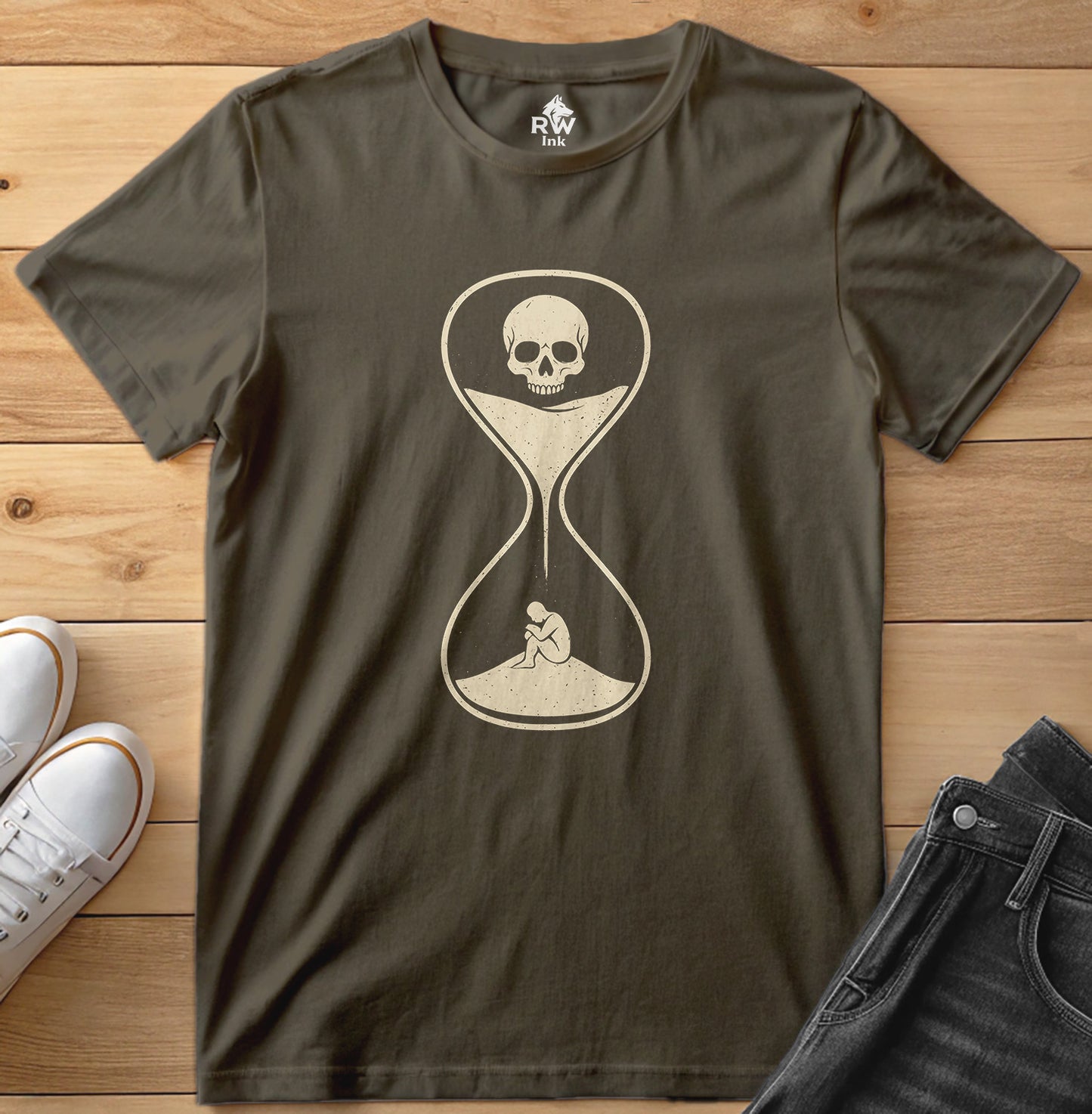 Memento Mori Hourglass – Minimalist Skull & Sand Timer Tee | Bella+Canvas 3001 Unisex T-Shirt