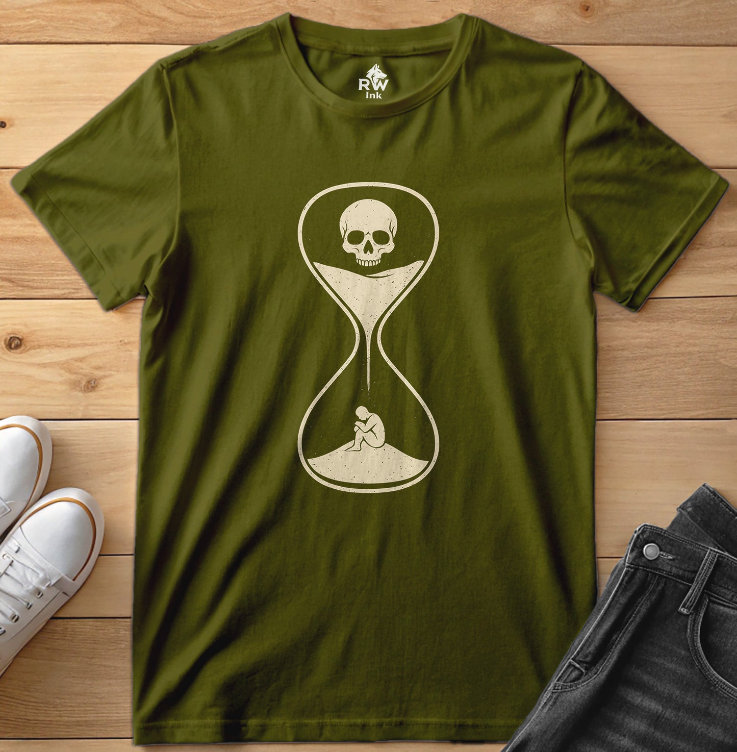 Memento Mori Hourglass – Minimalist Skull & Sand Timer Tee | Bella+Canvas 3001 Unisex T-Shirt