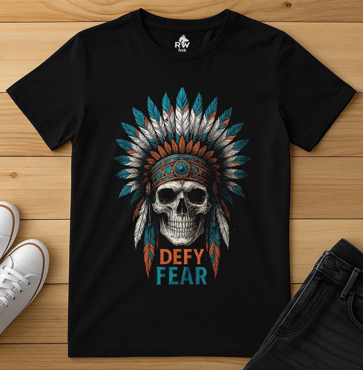 Defy Fear – Skull Warrior Headdress Art Tee | Bella+Canvas 3001 Unisex T-Shirt